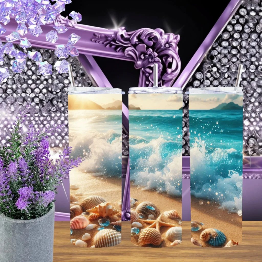 Tropical Beach 20oz Tumbler Ocean Waves Stainless Steel Cup Handmade Coastal Aesthetic Drinkware Summer Vacation Gift by Marie Gems