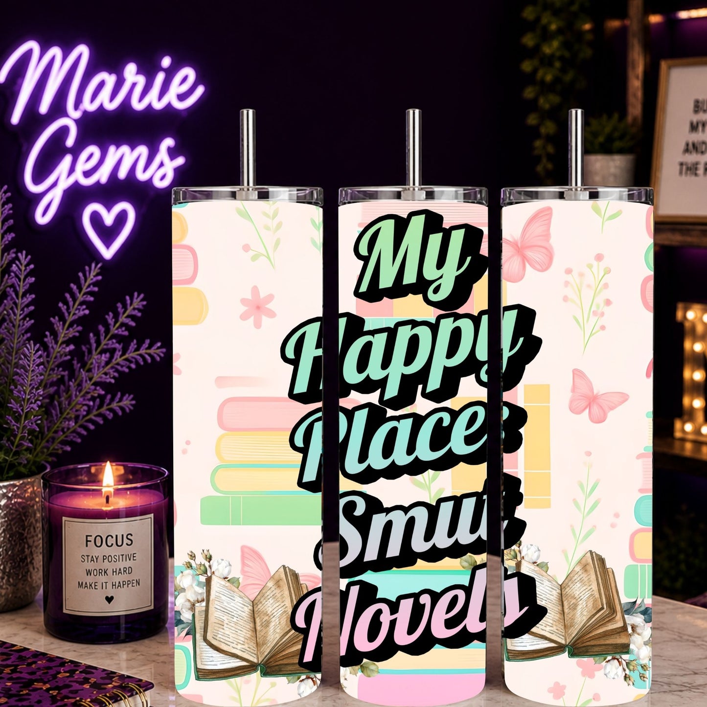 Smut Novel Tumbler | My Happy Place Spicy Reader Cup with book graphics, butterflies, and pastel floral accents on a tall cup.
