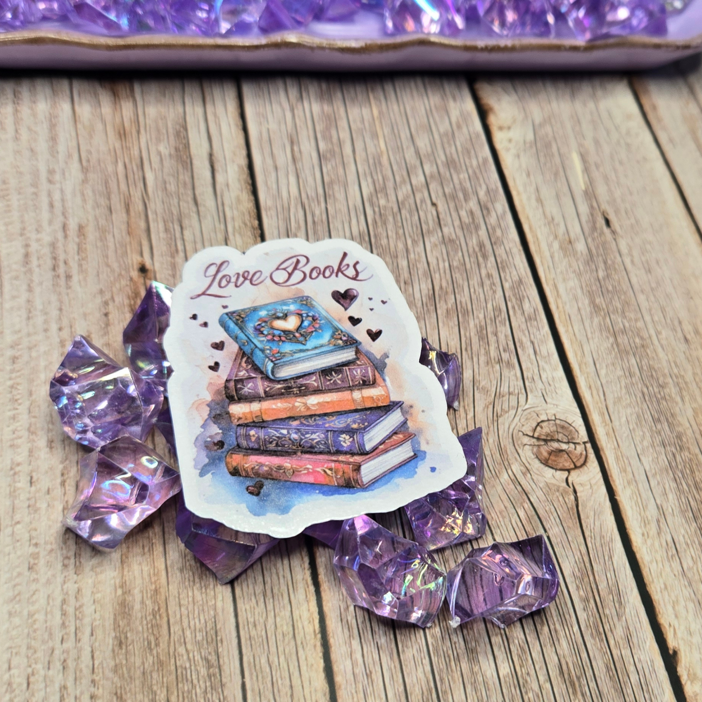 Elegant "Love Books" Sticker - Ornate Stack of Books & Hearts Decal for Passionate Readers