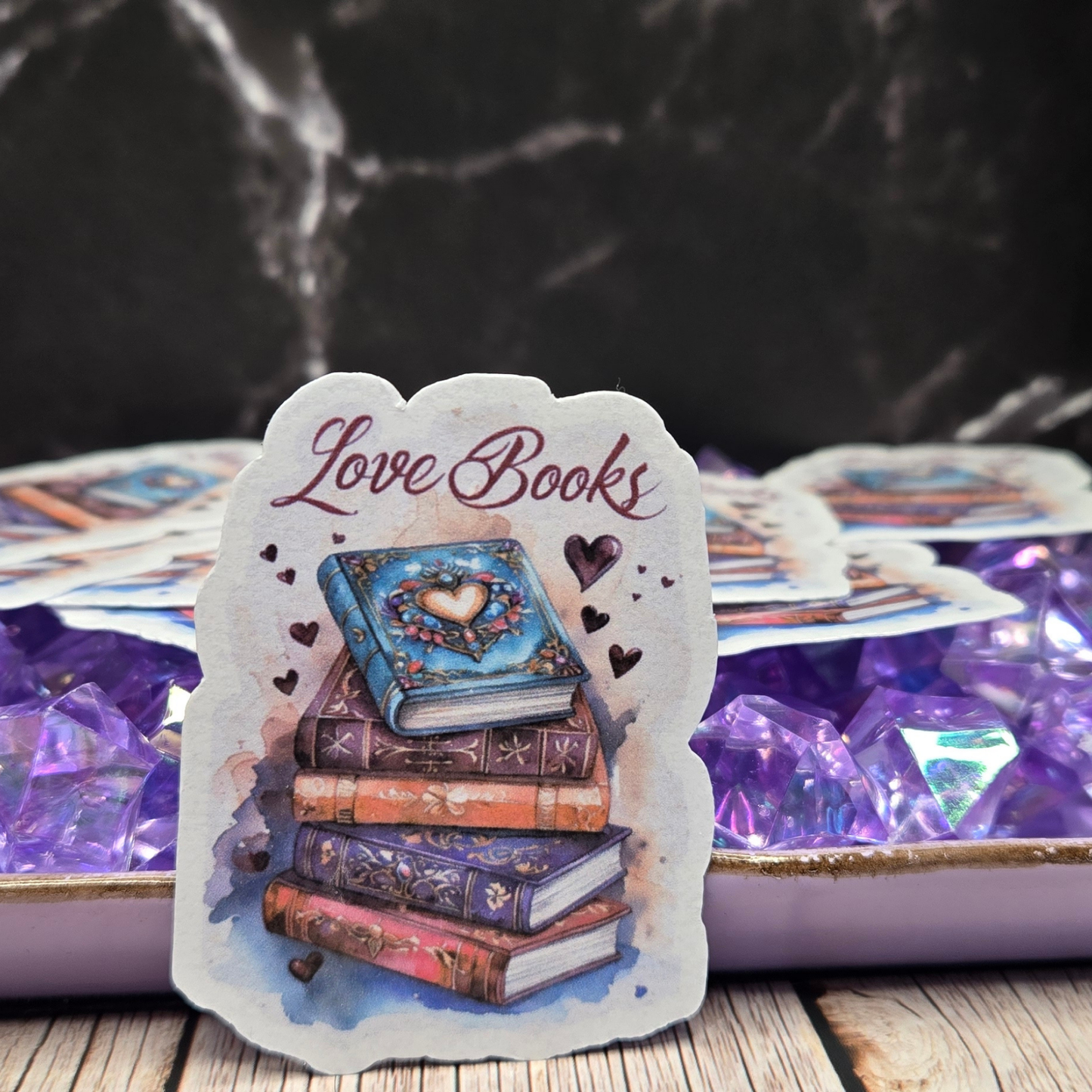 Elegant "Love Books" Sticker - Ornate Stack of Books & Hearts Decal for Passionate Readers