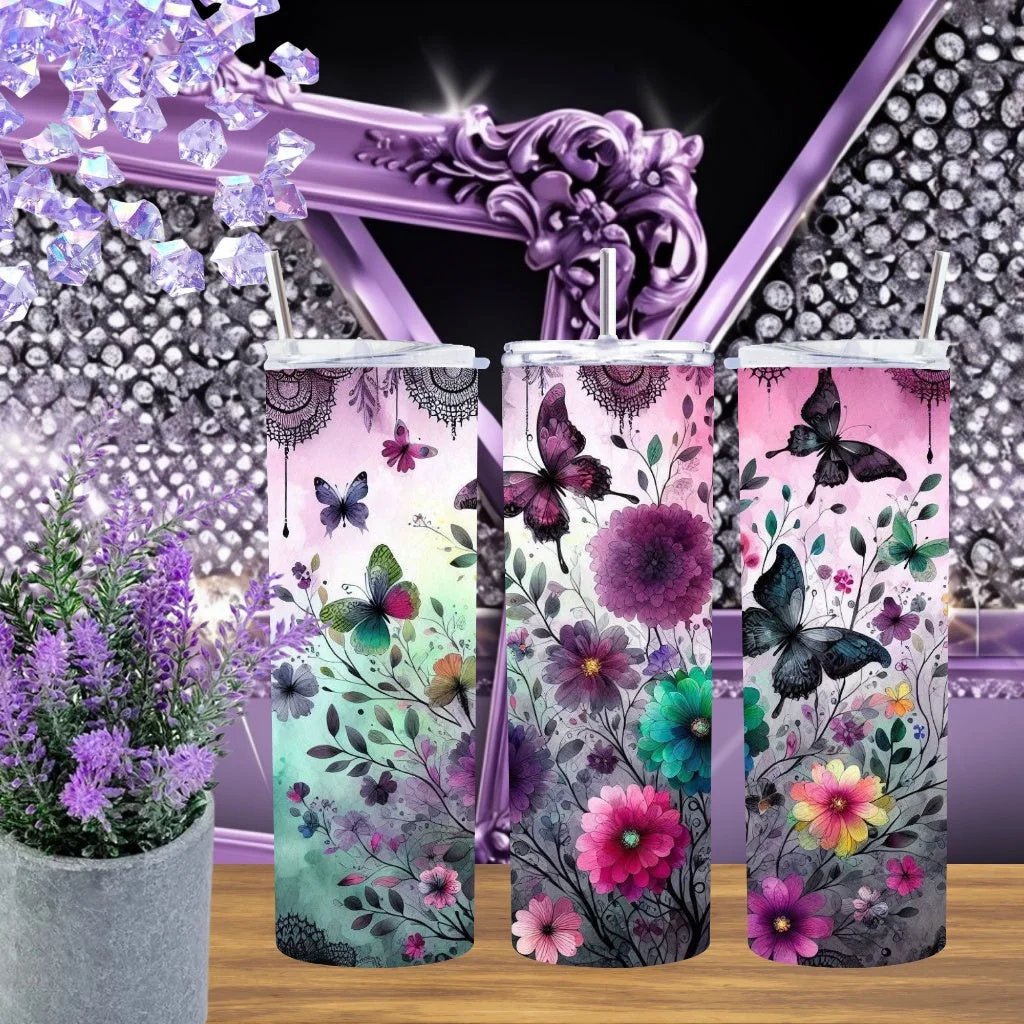 Floral Butterfly 20oz Tumbler Purple Teal Stainless Steel Cup Boho Garden Gift For Her Handmade Lace by Marie Gems