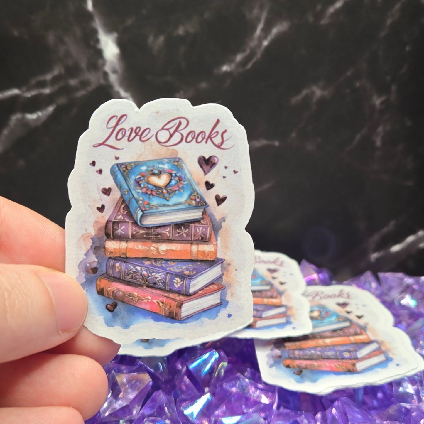 Elegant "Love Books" Sticker - Ornate Stack of Books & Hearts Decal for Passionate Readers