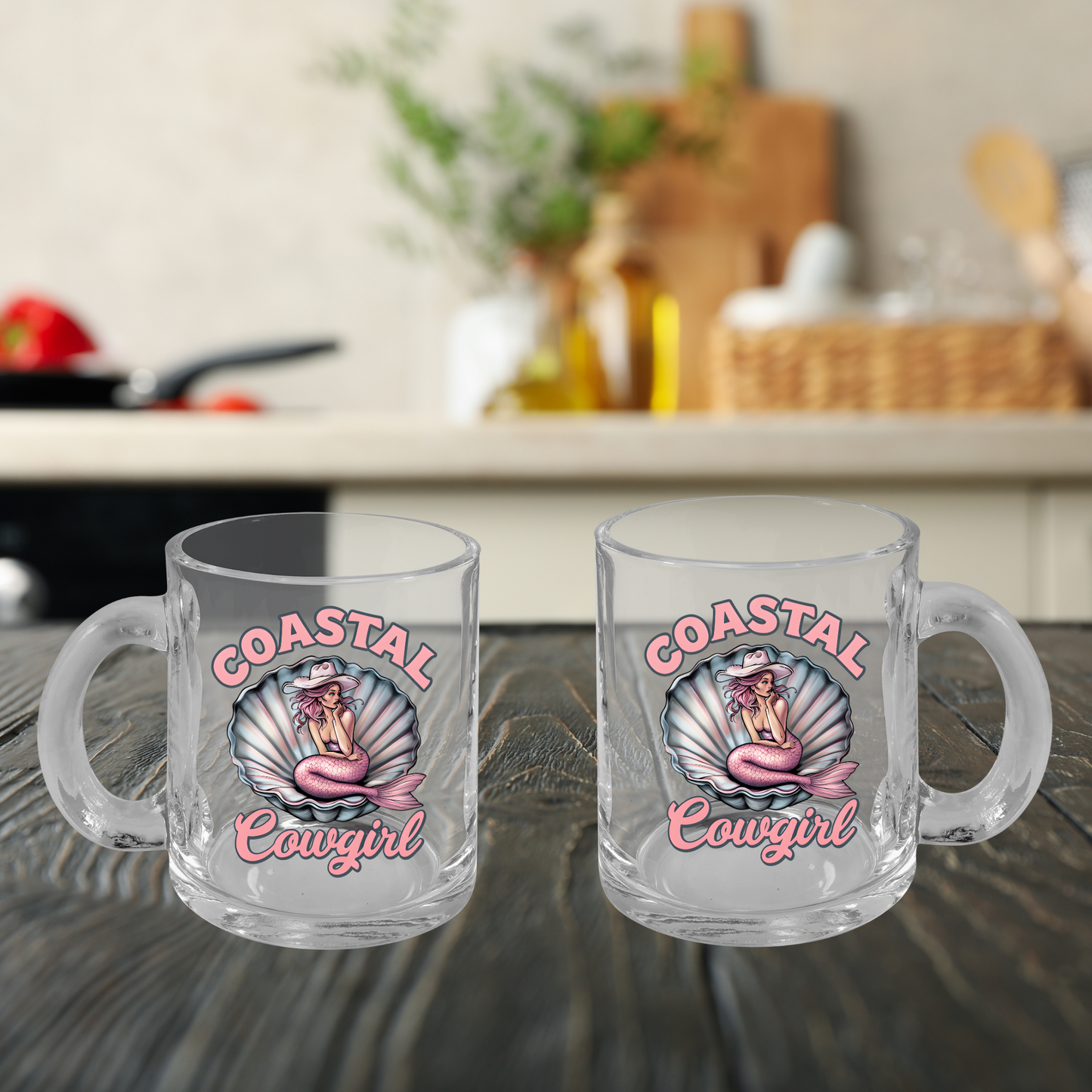 Coastal Cowgirl Glass Cup, Mermaid Mug, Western Beach Decor, 10oz Clear Mug, Gift for Cowgirl, Unique Drinkware, Beachy Western Style