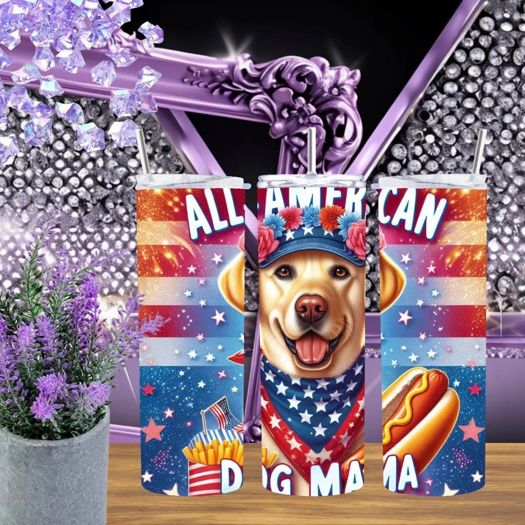 All American Dog Mama 20oz Tumbler Yellow Lab Patriotic Stainless Steel Cup 4th of July Gift for Her Handmade in USA by Marie Gems