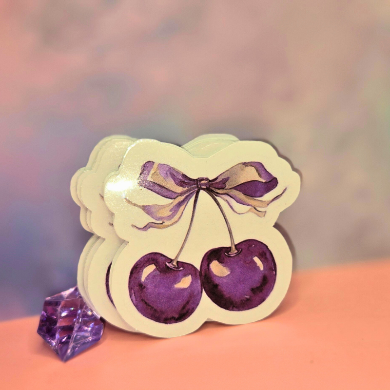 Dainty Purple Cherry Stickers with Coquette Bow Accent - Elegant Vinyl Decals for Laptops, Water Bottles, and Crafts