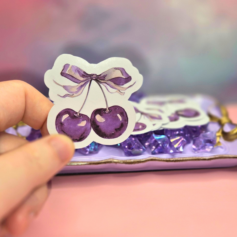 Dainty Purple Cherry Stickers with Coquette Bow Accent - Elegant Vinyl Decals for Laptops, Water Bottles, and Crafts