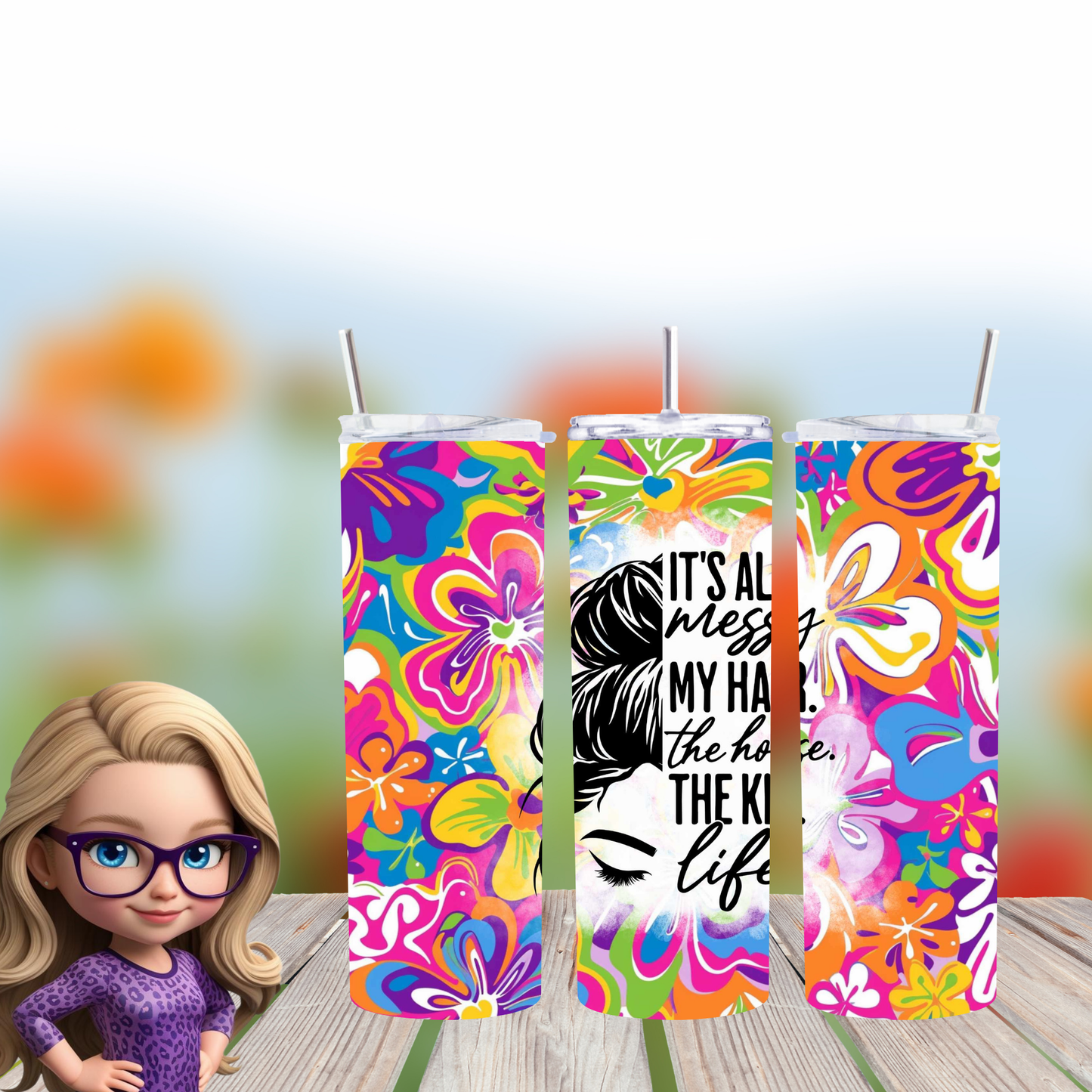 Vibrant Floral Messy Bun Tumbler – Insulated 20oz Skinny Cup for Coffee & Cold Drinks On-The-Go