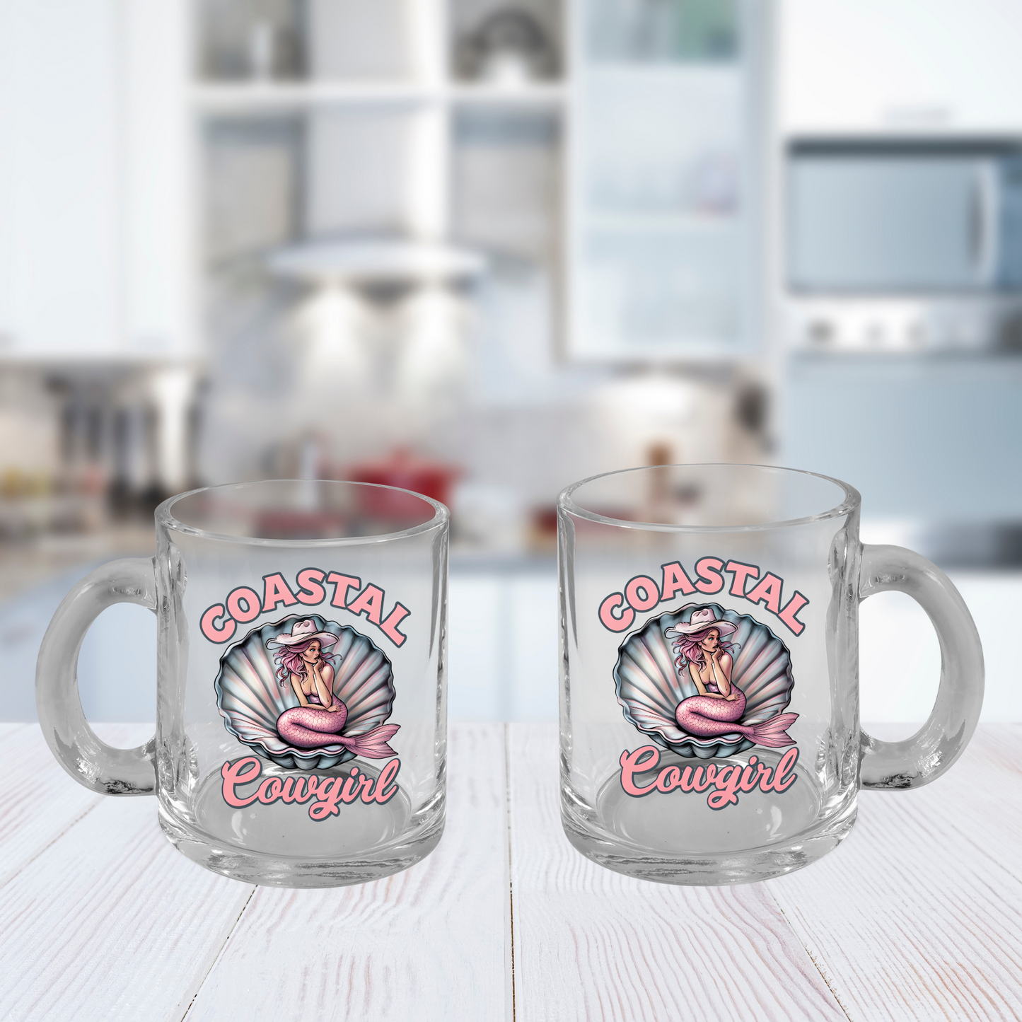 Coastal Cowgirl Glass Cup, Mermaid Mug, Western Beach Decor, 10oz Clear Mug, Gift for Cowgirl, Unique Drinkware, Beachy Western Style