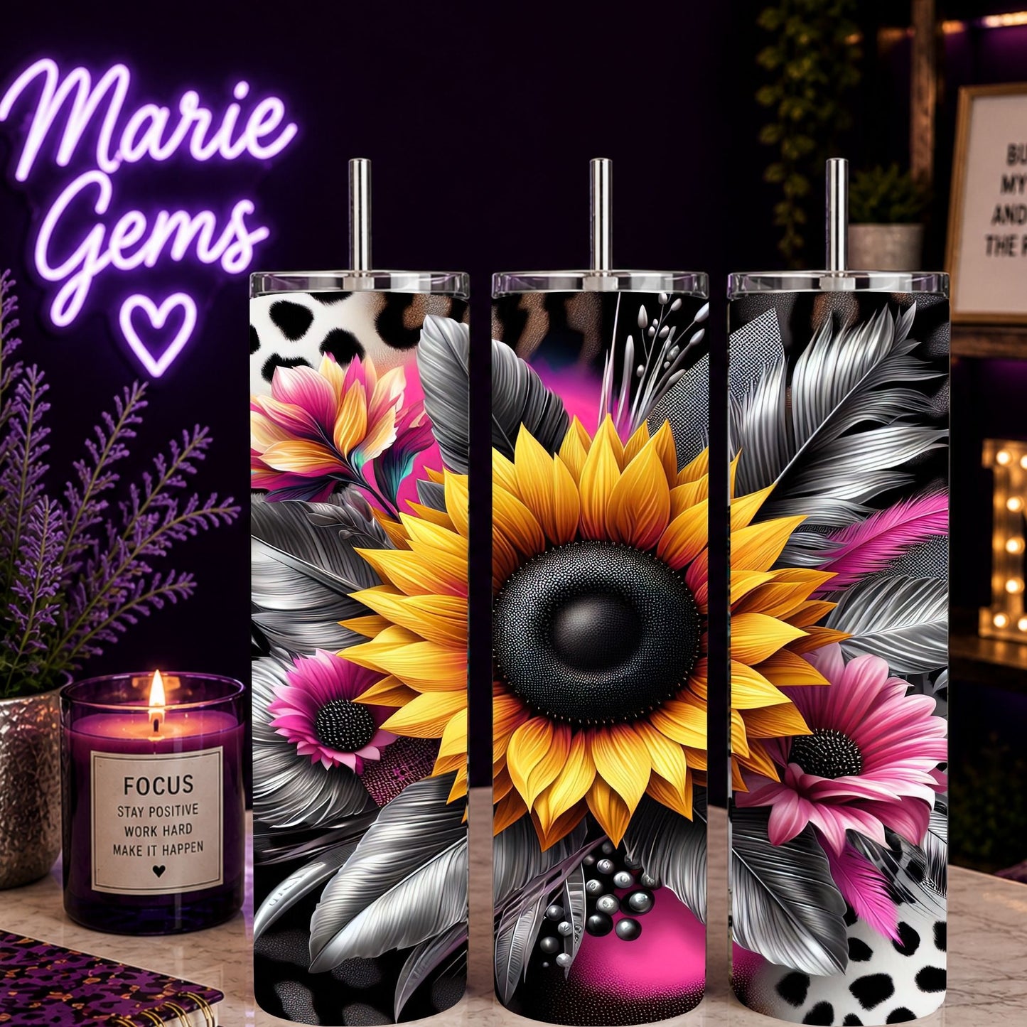 Neon Sunflower 20oz Tumbler Cheetah Print Stainless Steel Cup Handcrafted Pink And Gold Floral Drinkware Gift For Her bright floral design
