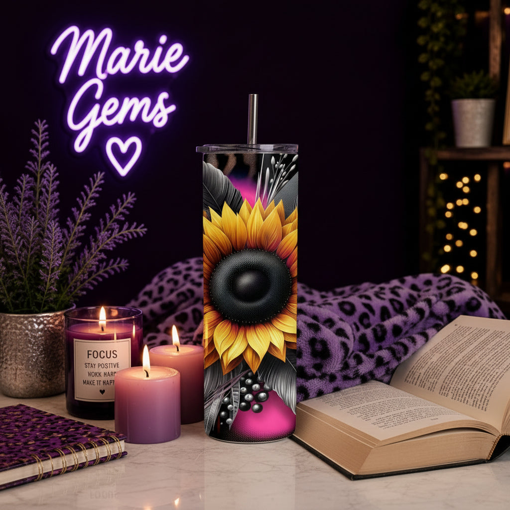 Sunflower Gift-Ready 20 oz Stainless Steel Tumbler showing sunflower tumbler 20oz artwork with insulated stainless steel tumbler, reusable travel cup, made to order, product image
