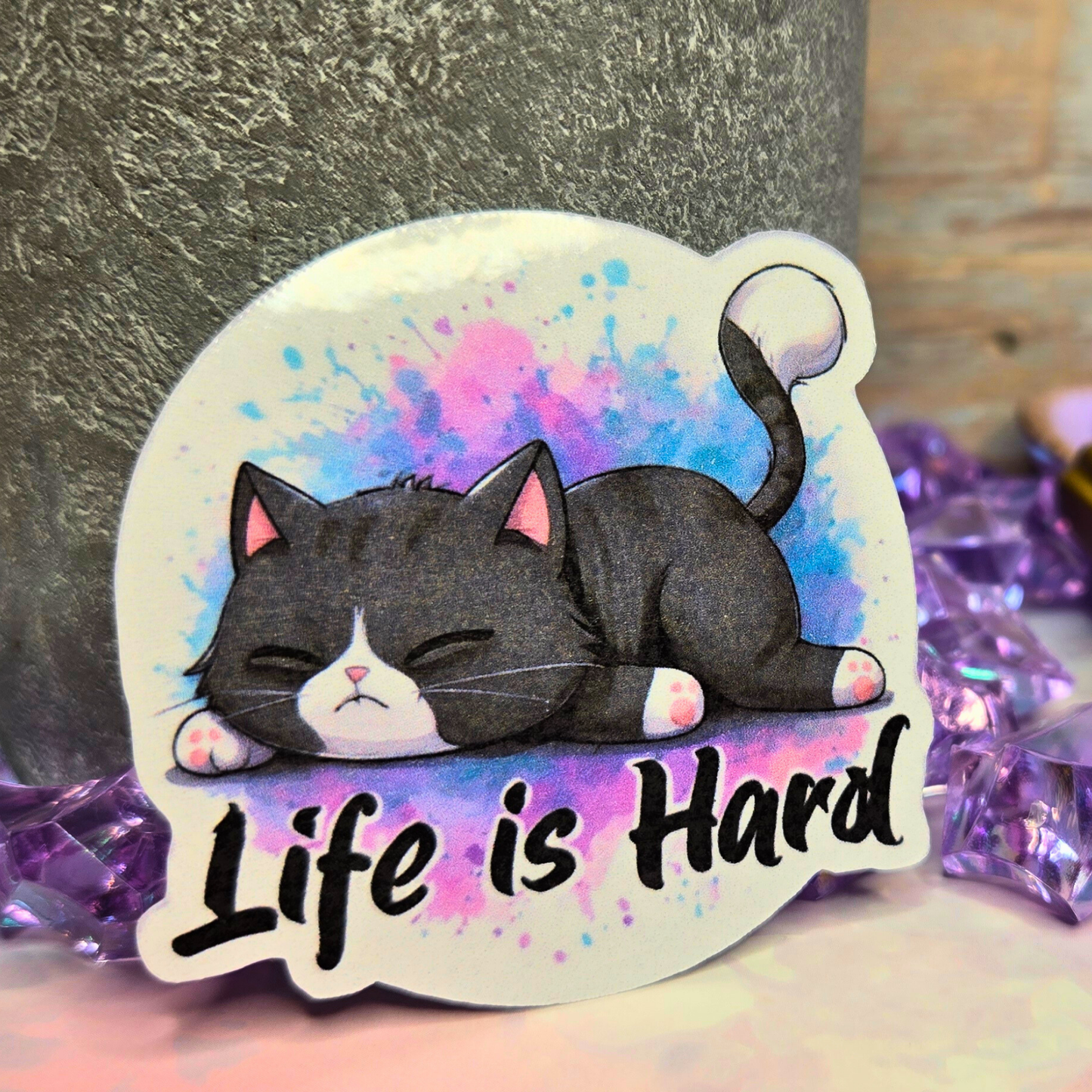 Sleepy Cat "Life is Hard" Sticker - Relatable Kitten Decal - Tired Kitty Meme - Laptop, Planner, Journal