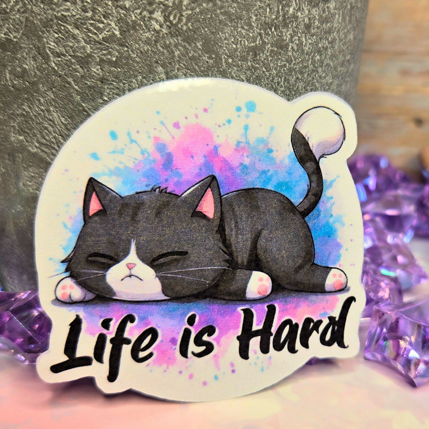 Sleepy Cat "Life is Hard" Sticker - Relatable Kitten Decal - Tired Kitty Meme - Laptop, Planner, Journal