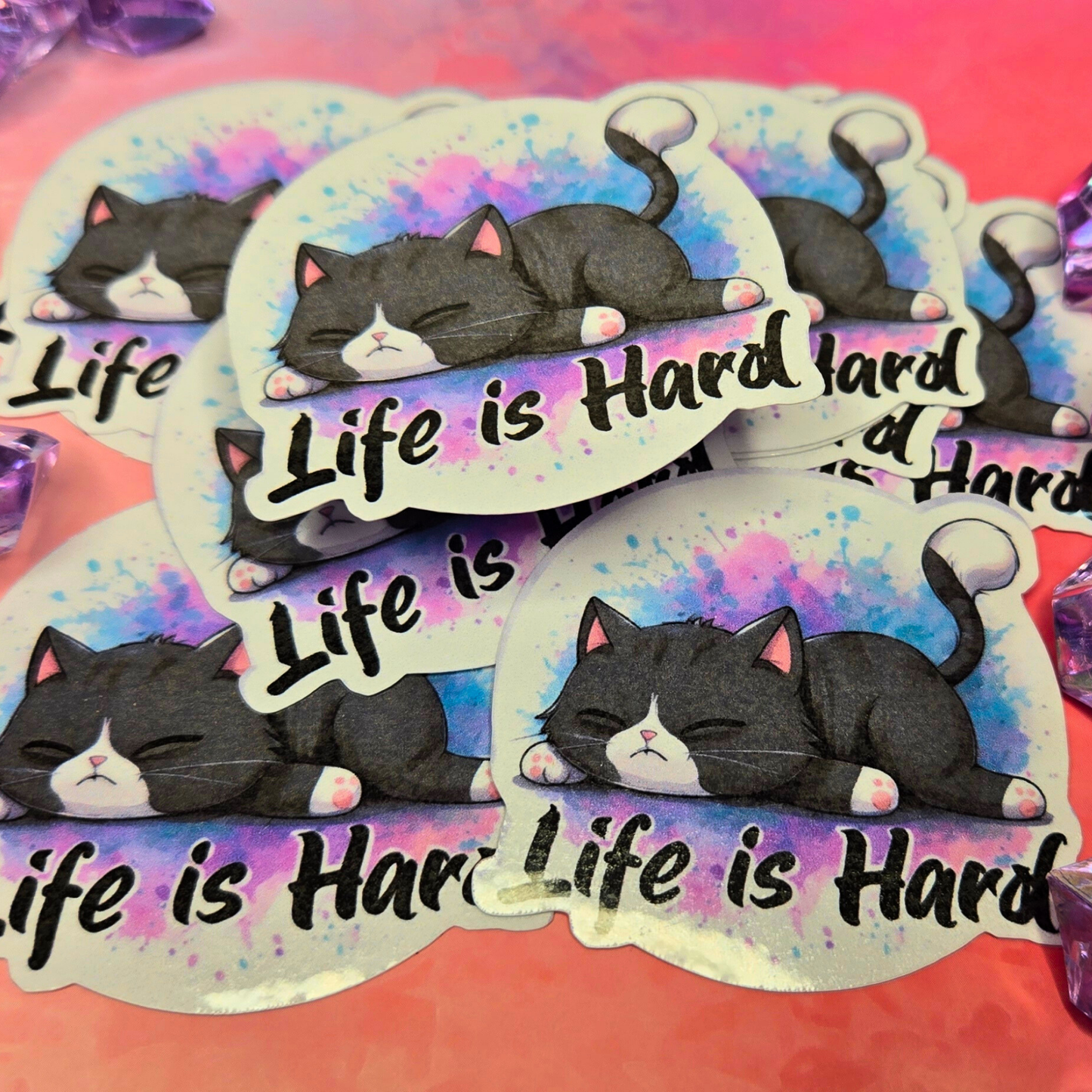 Sleepy Cat "Life is Hard" Sticker - Relatable Kitten Decal - Tired Kitty Meme - Laptop, Planner, Journal