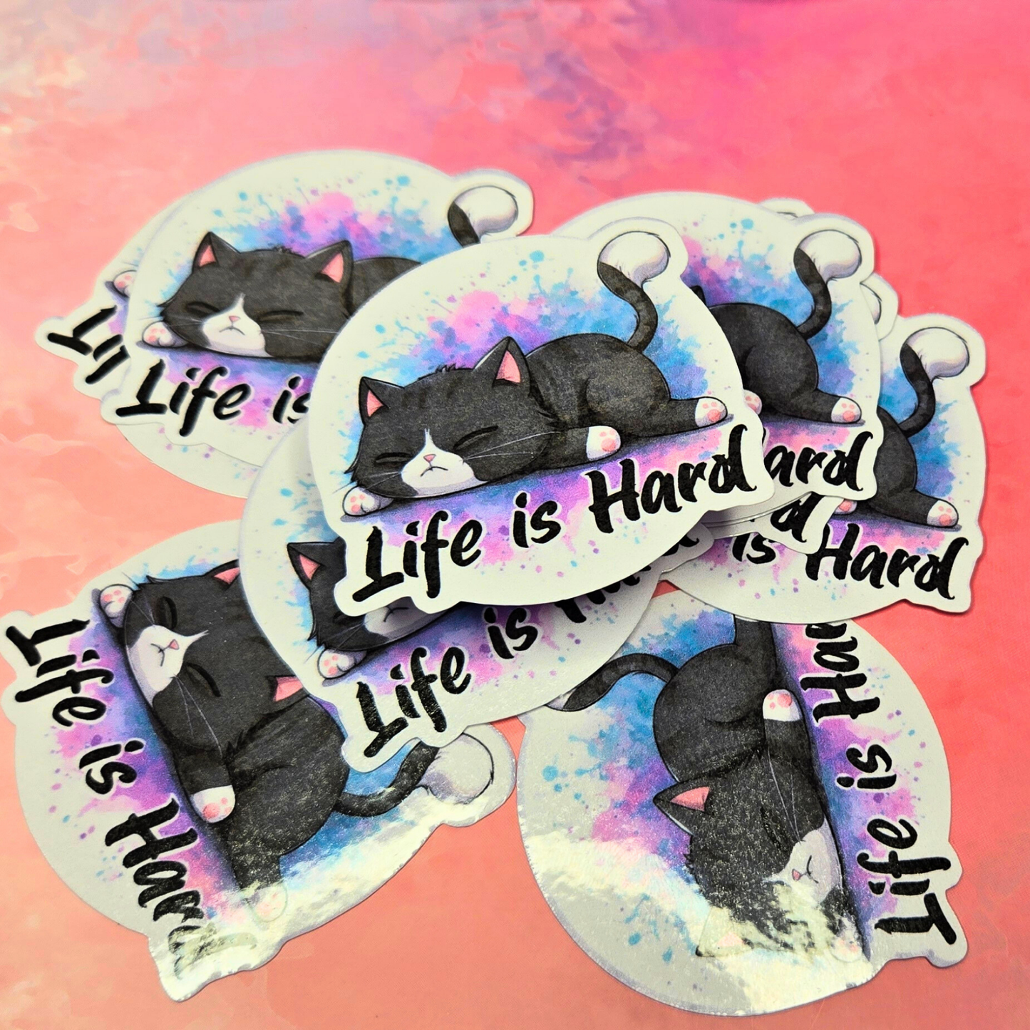 Sleepy Cat "Life is Hard" Sticker - Relatable Kitten Decal - Tired Kitty Meme - Laptop, Planner, Journal