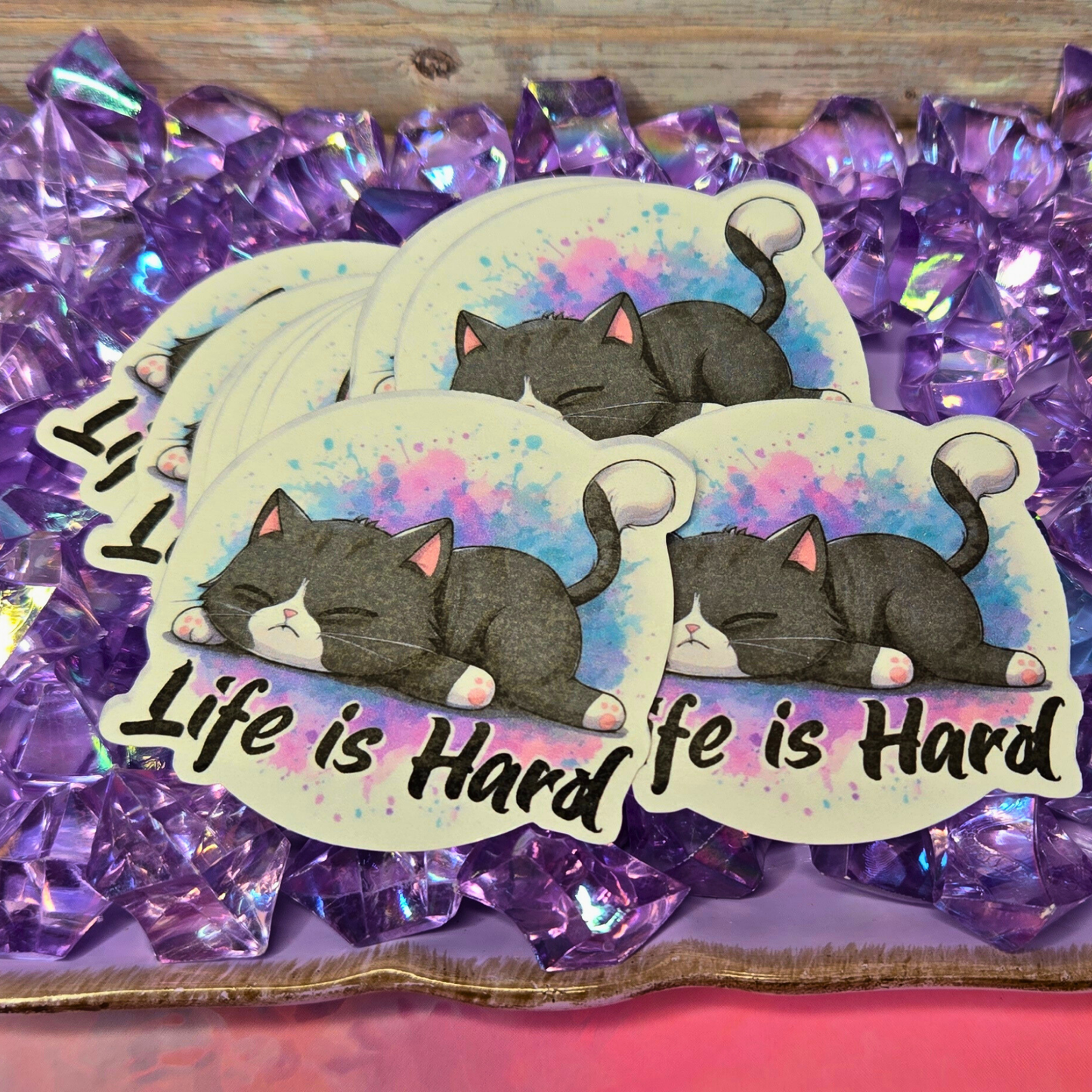 Sleepy Cat "Life is Hard" Sticker - Relatable Kitten Decal - Tired Kitty Meme - Laptop, Planner, Journal