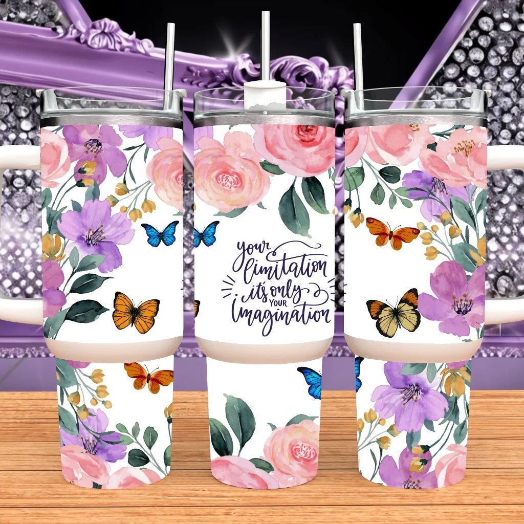 Inspirational Quote 40oz Tumbler With Handle Pink Floral Butterfly Stainless Steel Travel Mug Gift Her Insulated Bottle by Marie Gems