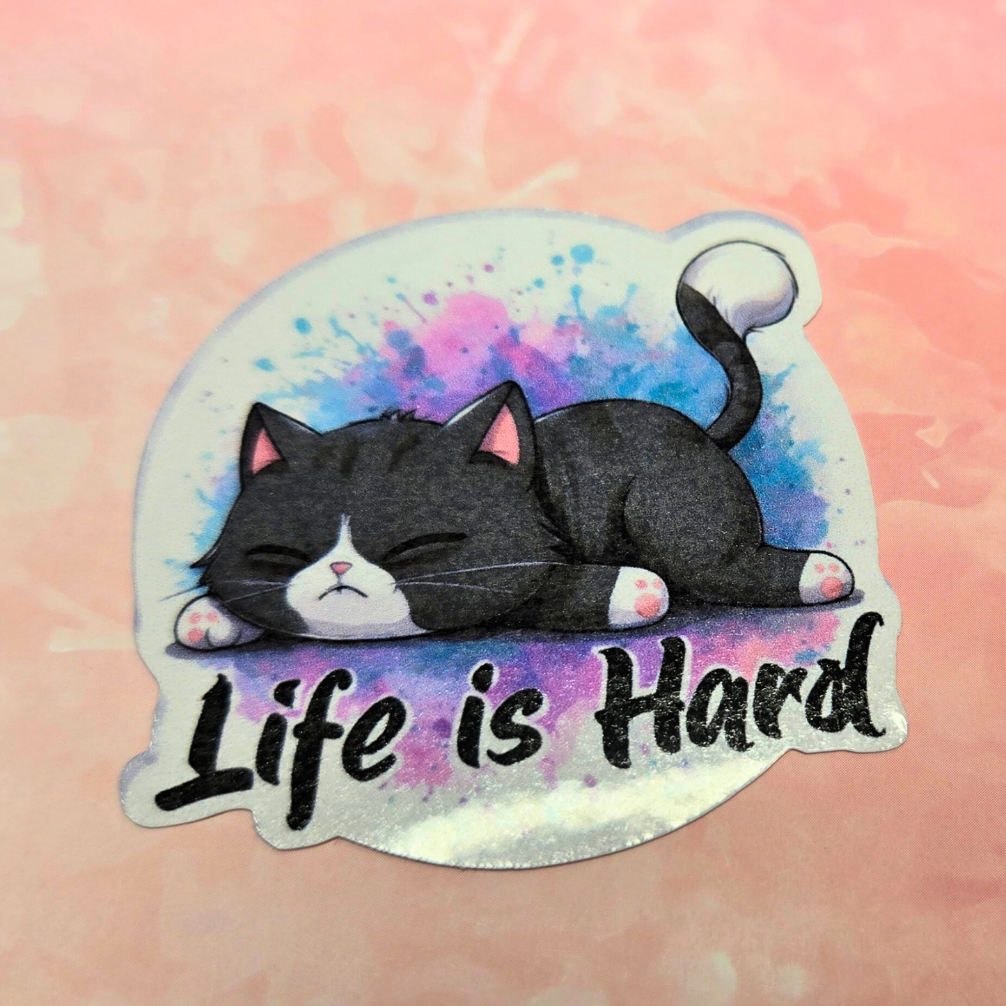 Sleepy Cat "Life is Hard" Sticker - Relatable Kitten Decal - Tired Kitty Meme - Laptop, Planner, Journal