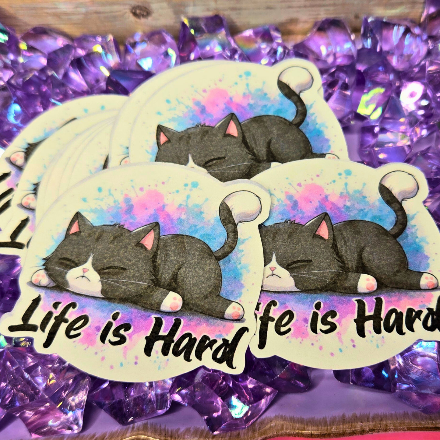 Sleepy Cat "Life is Hard" Sticker - Relatable Kitten Decal - Tired Kitty Meme - Laptop, Planner, Journal
