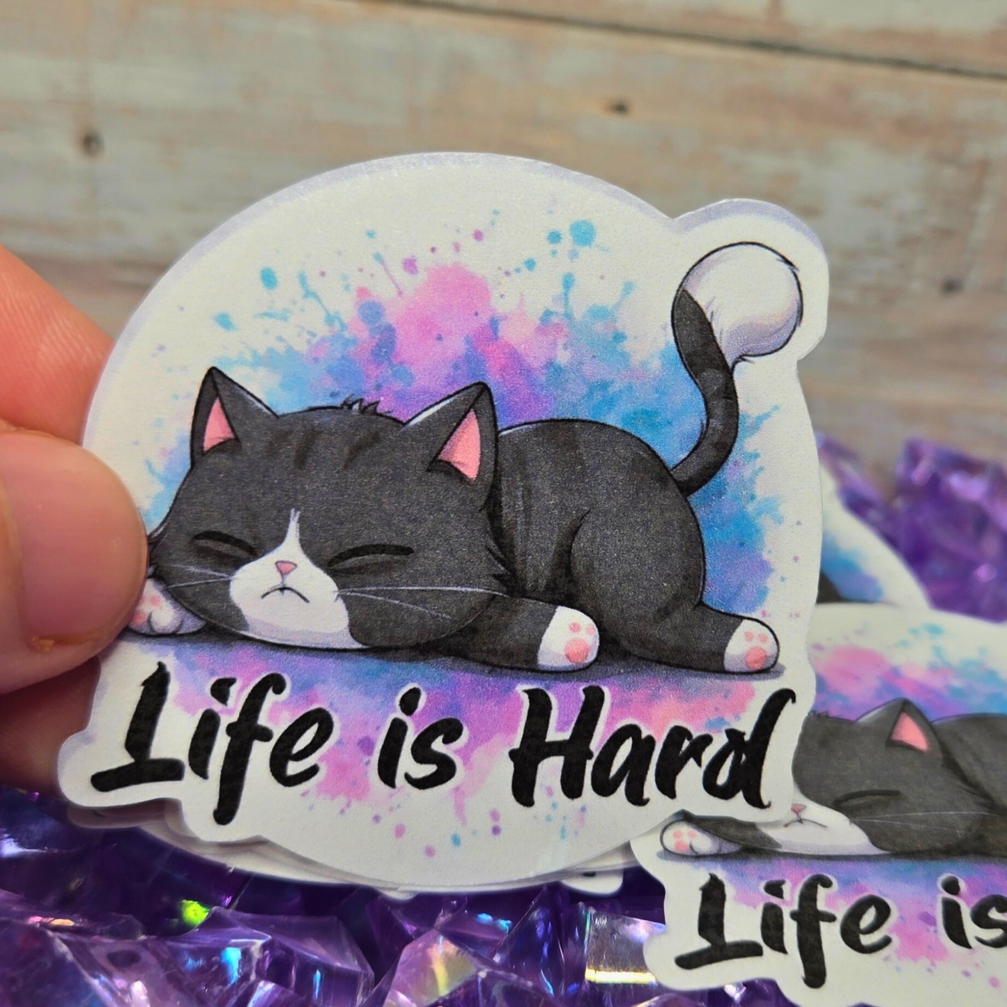 Sleepy Cat "Life is Hard" Sticker - Relatable Kitten Decal - Tired Kitty Meme - Laptop, Planner, Journal