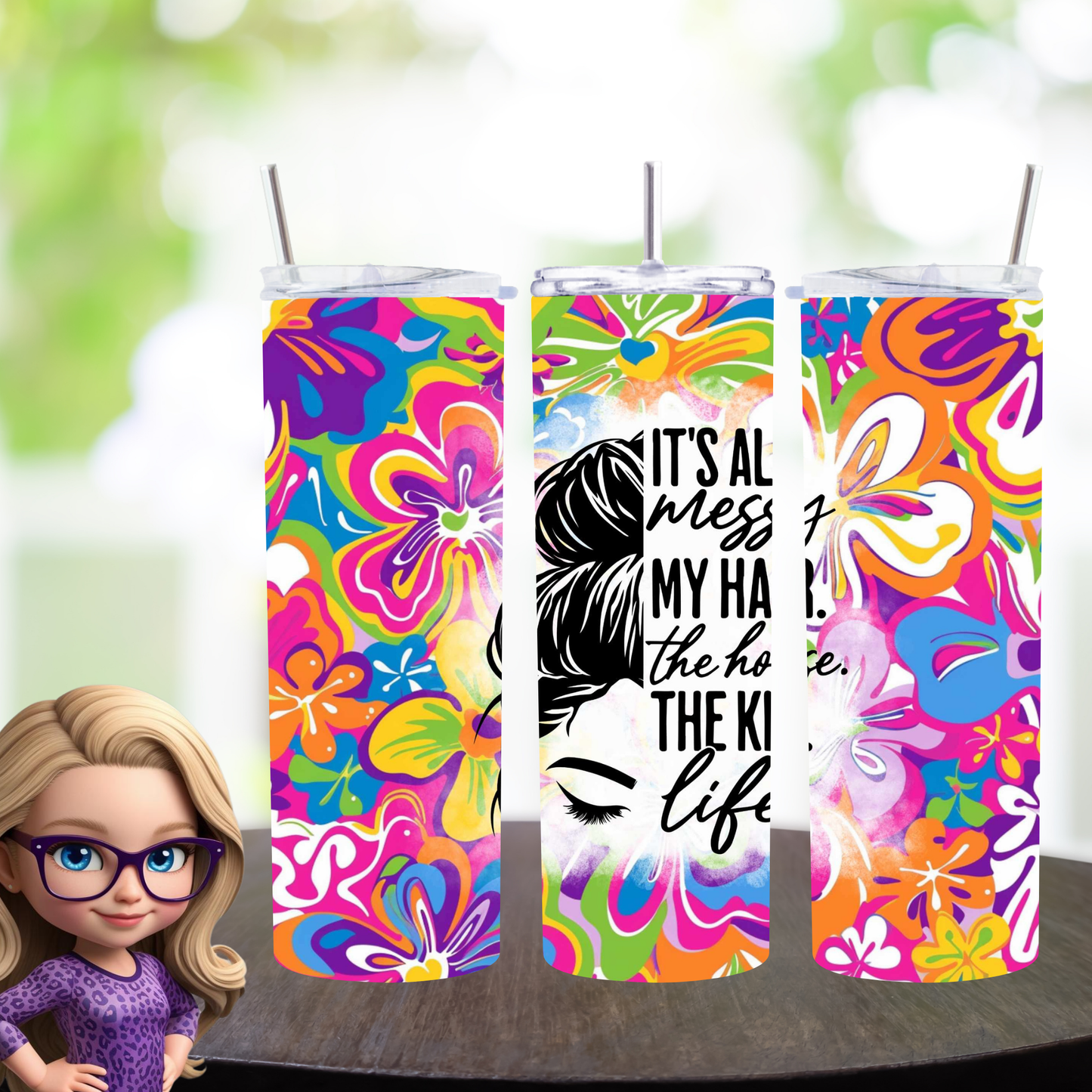 Vibrant Floral Messy Bun Tumbler – Insulated 20oz Skinny Cup for Coffee & Cold Drinks On-The-Go
