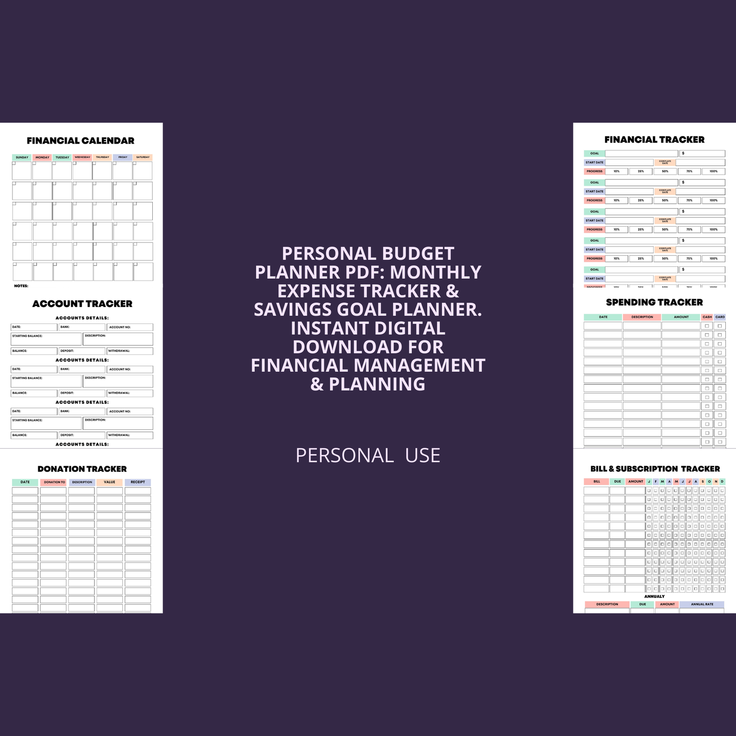 Personal Budget Planner PDF: Monthly Expense Tracker & Savings Goal Planner. Instant Digital Download for Financial Management & Planning