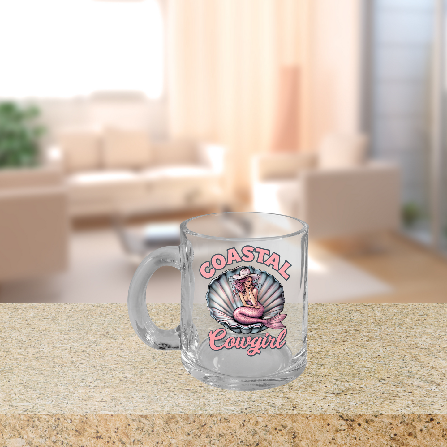 Coastal Cowgirl Glass Cup, Mermaid Mug, Western Beach Decor, 10oz Clear Mug, Gift for Cowgirl, Unique Drinkware, Beachy Western Style