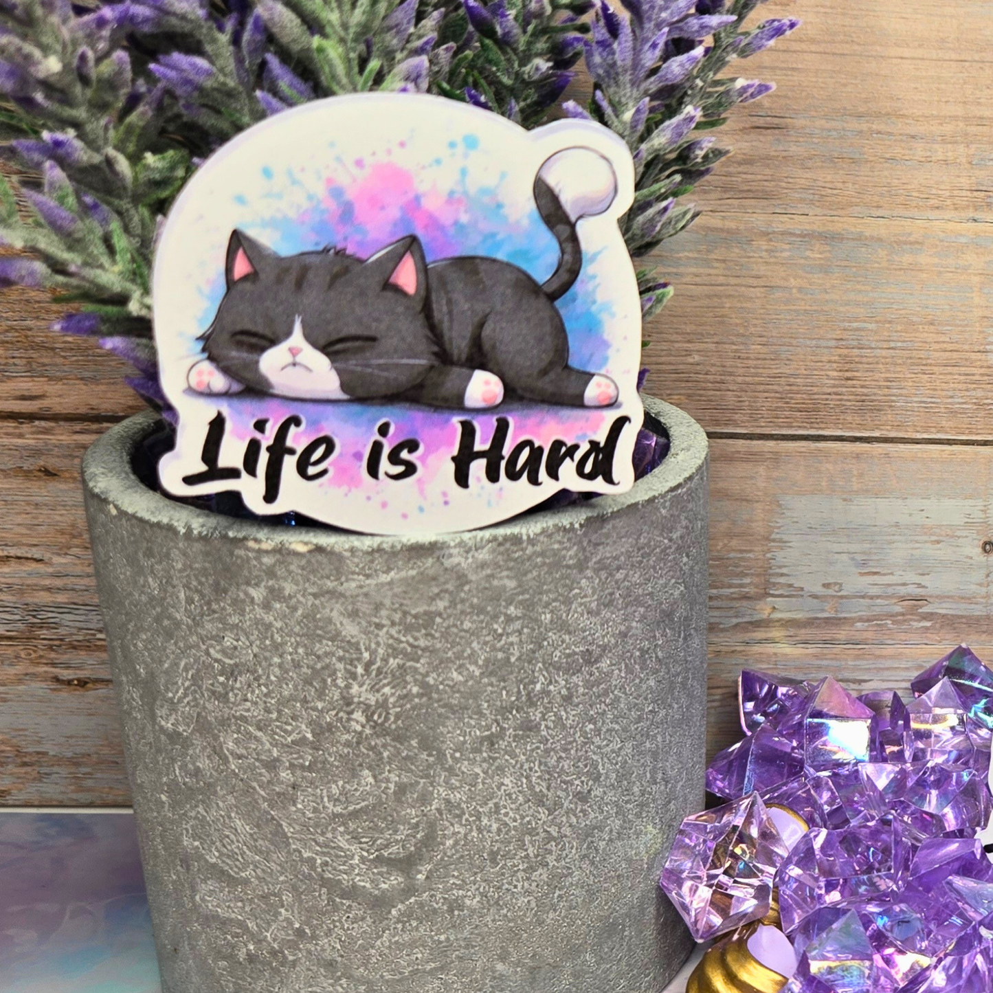 Sleepy Cat "Life is Hard" Sticker - Relatable Kitten Decal - Tired Kitty Meme - Laptop, Planner, Journal
