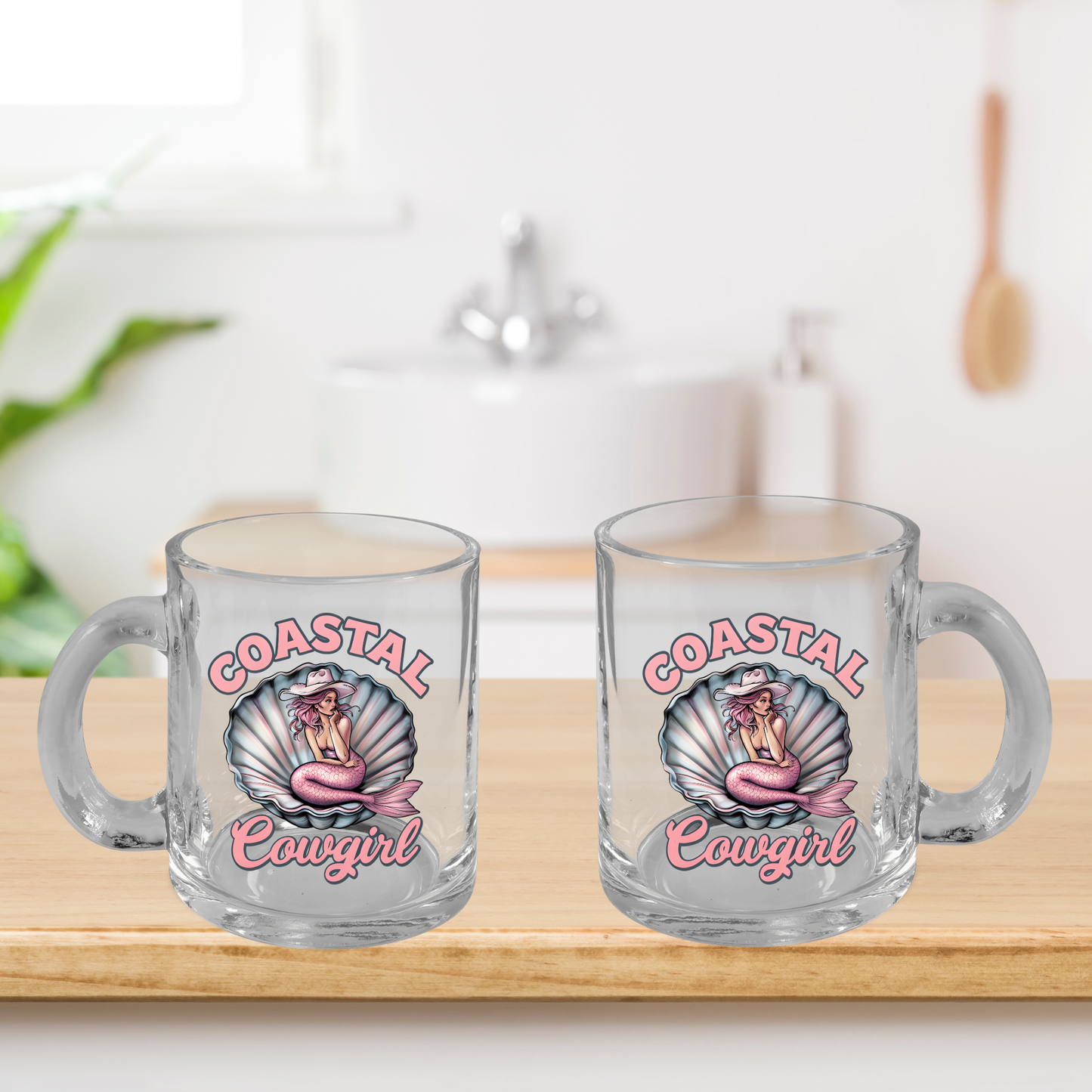 Coastal Cowgirl Glass Cup, Mermaid Mug, Western Beach Decor, 10oz Clear Mug, Gift for Cowgirl, Unique Drinkware, Beachy Western Style