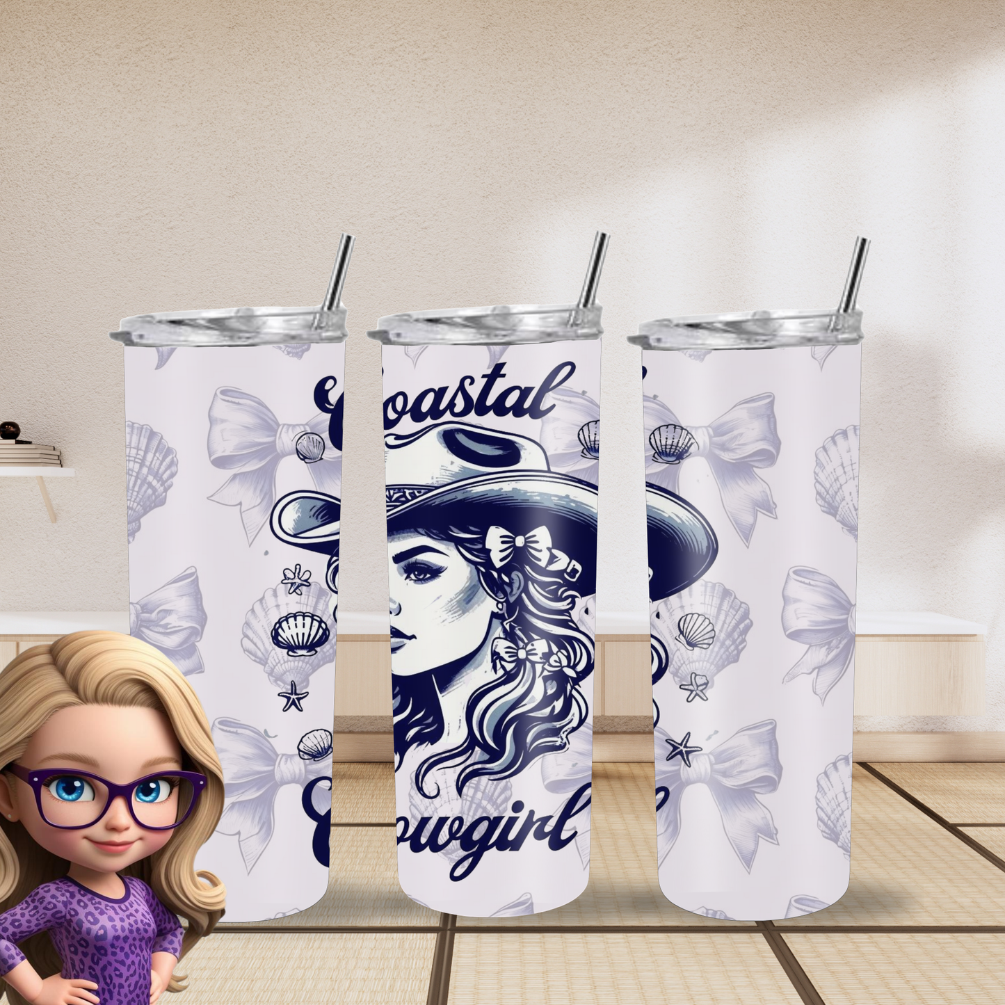 Coastal Cowgirl Tumbler Wrap PNG | Western Beach Design for 20oz Skinny Tumblers | Digital Download