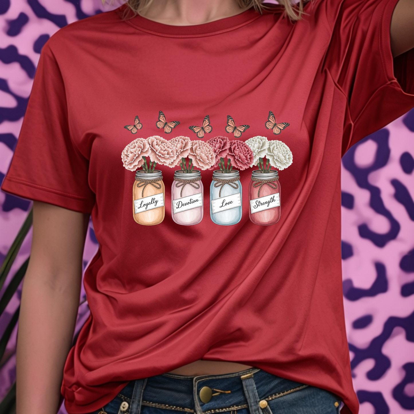 Carnation Birth Flower Jar Shirt | January Loyalty Devotion Love Strength | Unique Floral Butterflies Tee