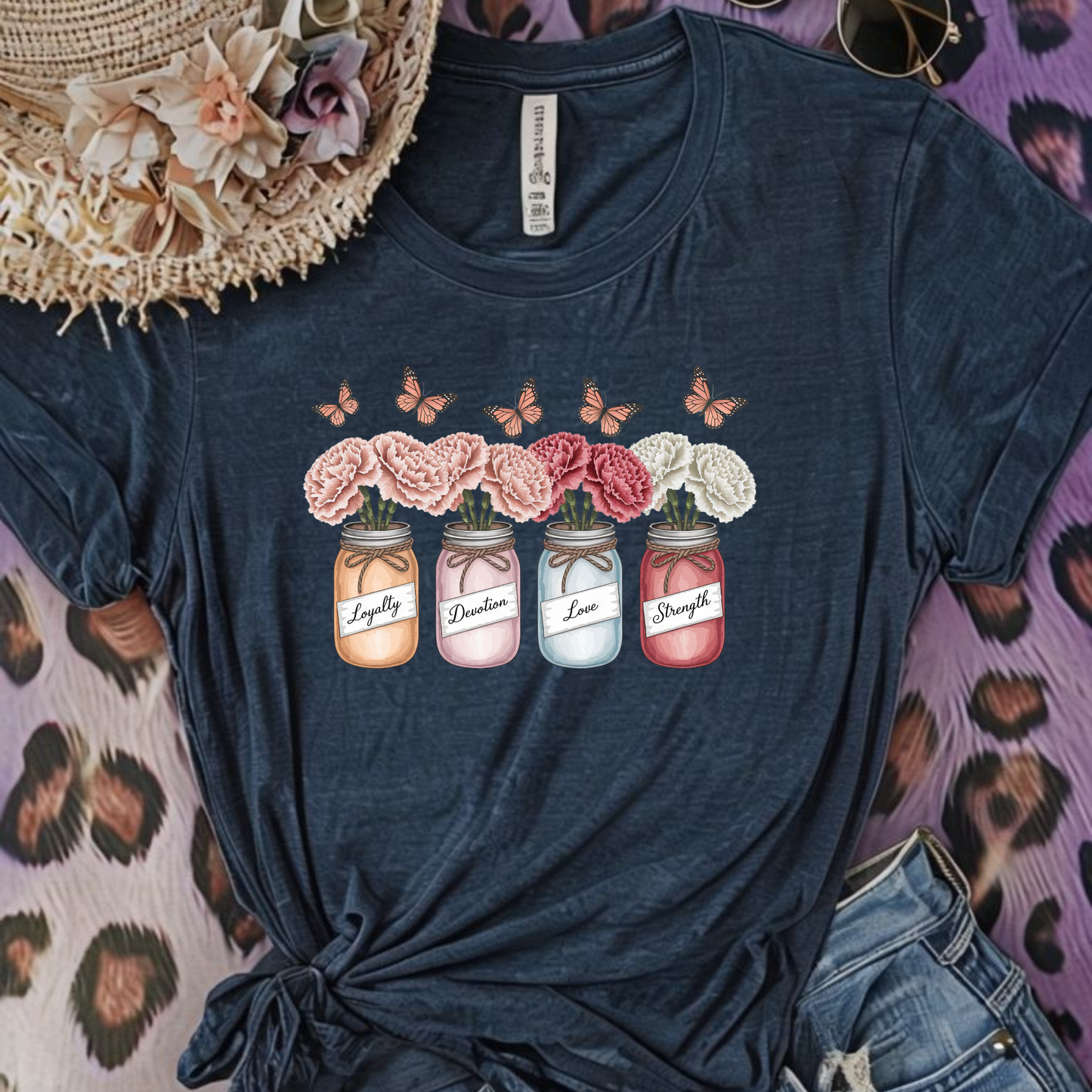 Carnation Birth Flower Jar Shirt | January Loyalty Devotion Love Strength | Unique Floral Butterflies Tee