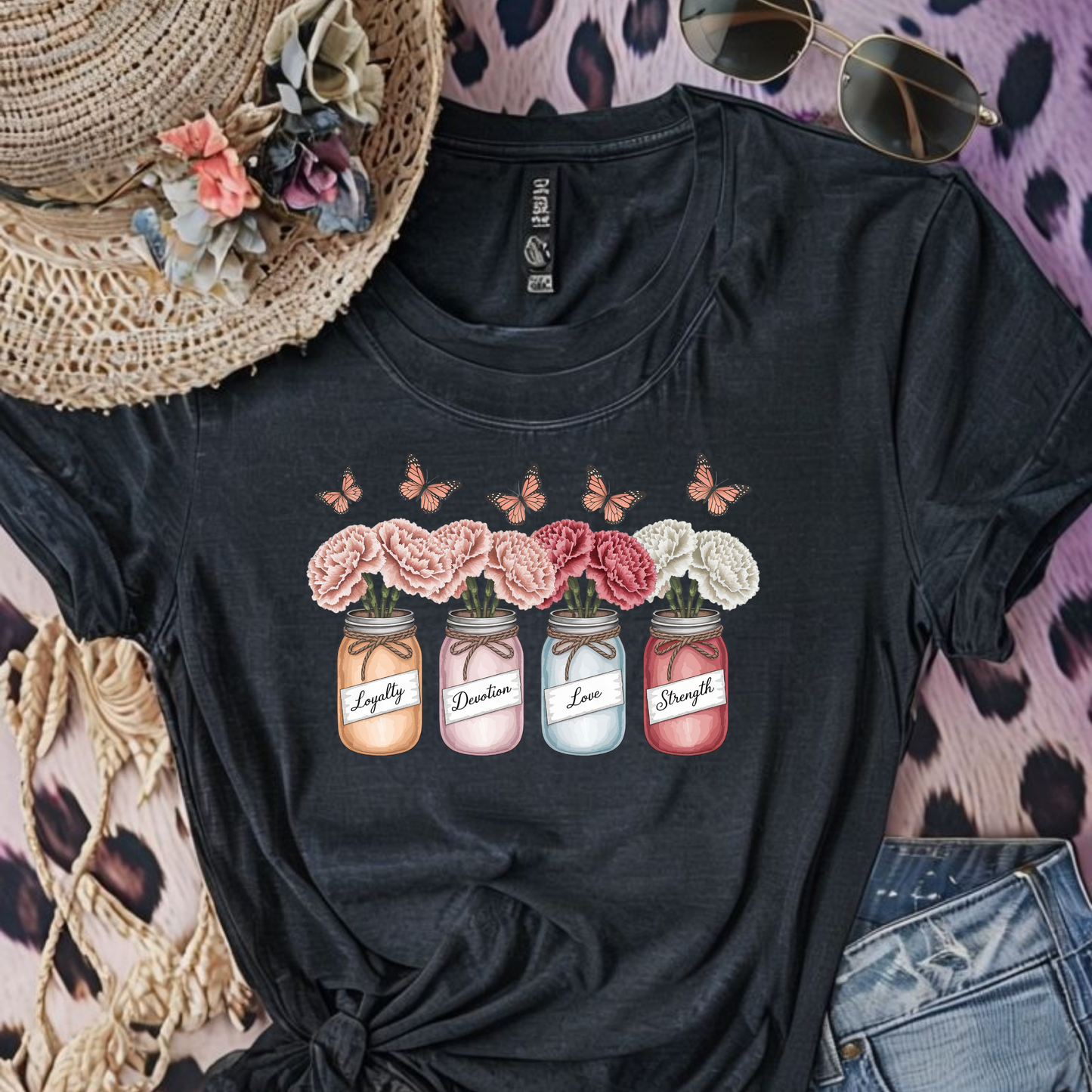 Carnation Birth Flower Jar Shirt | January Loyalty Devotion Love Strength | Unique Floral Butterflies Tee