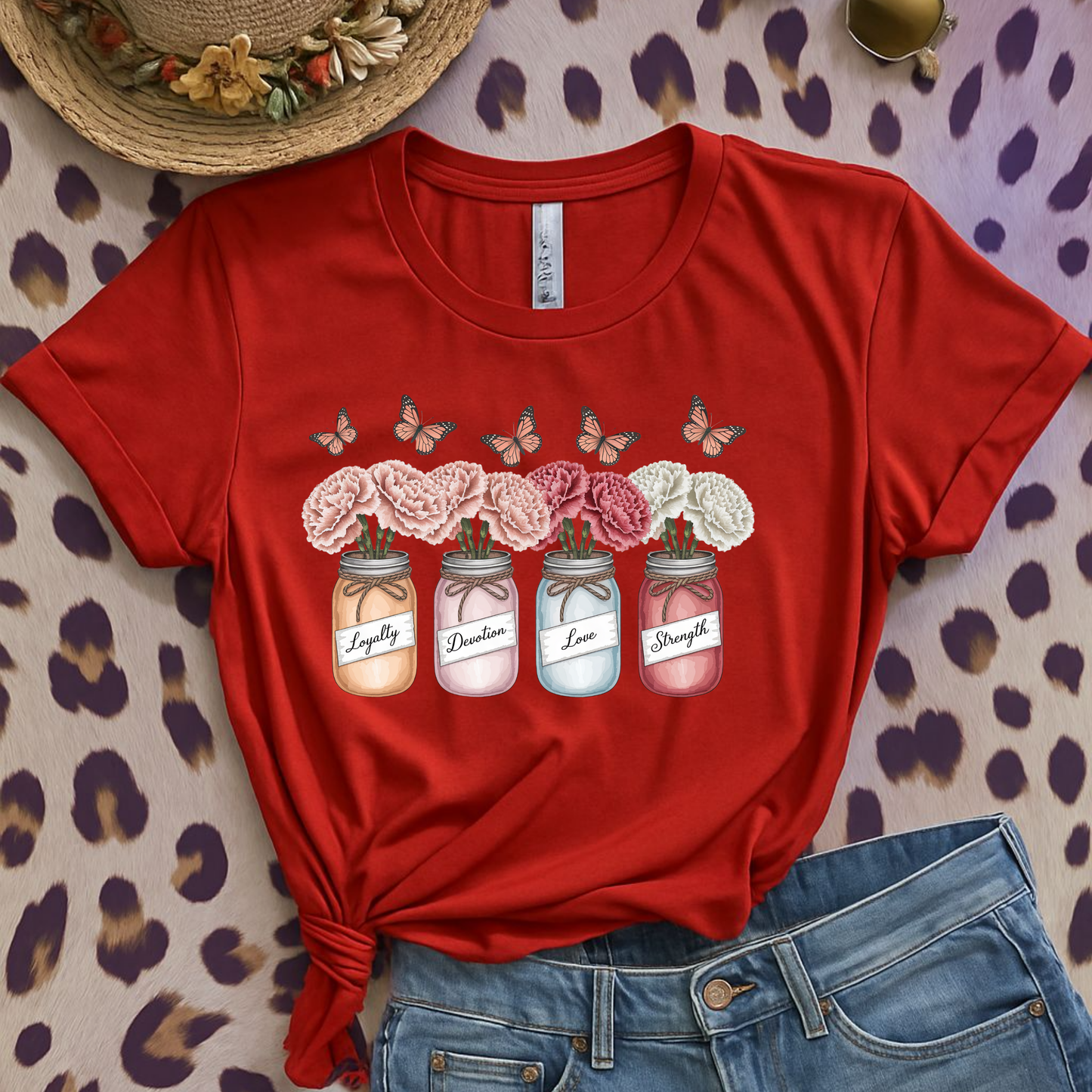 Carnation Birth Flower Jar Shirt | January Loyalty Devotion Love Strength | Unique Floral Butterflies Tee