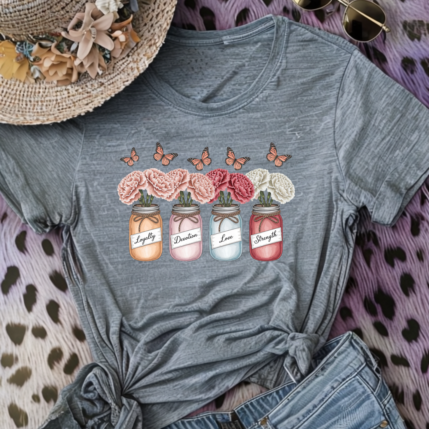 Carnation Birth Flower Jar Shirt | January Loyalty Devotion Love Strength | Unique Floral Butterflies Tee