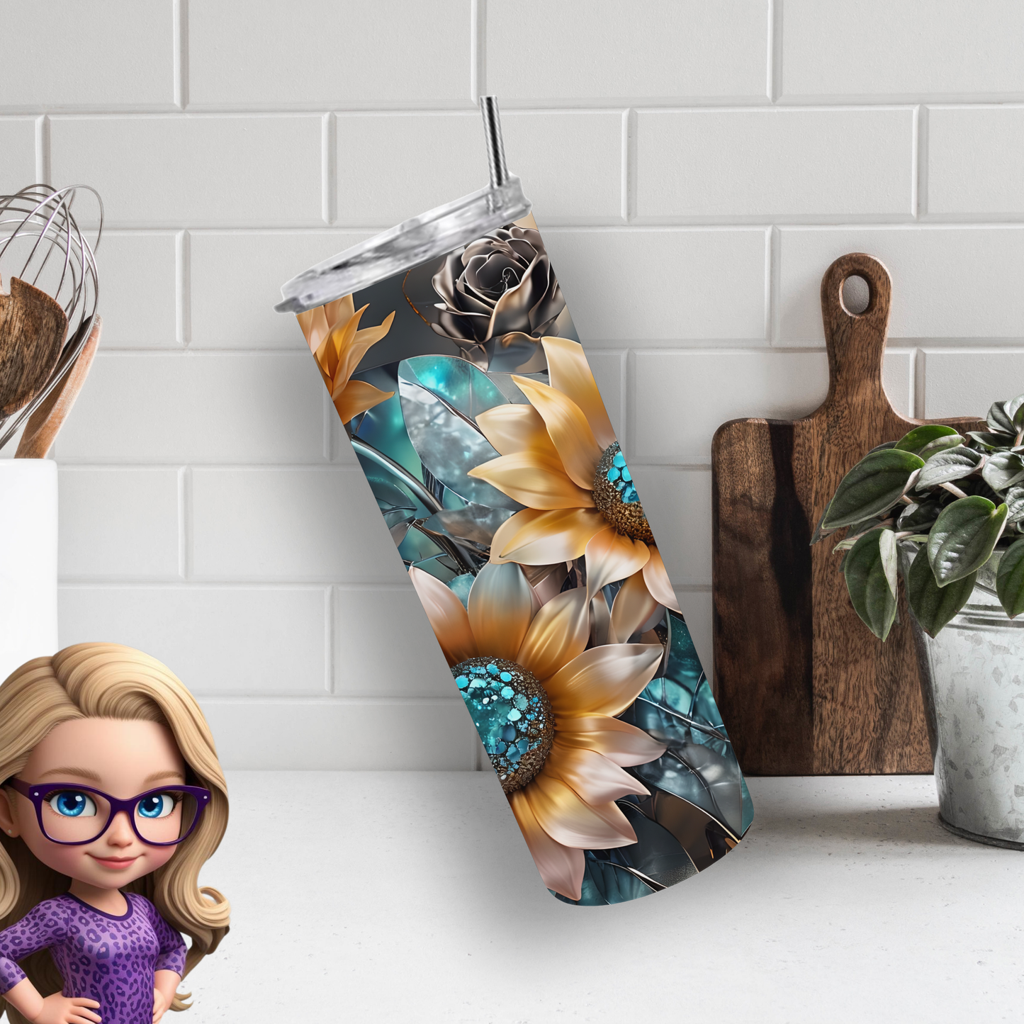 Sunflower & Roses Tumbler Wrap PNG | Floral Bouquet Design for 20oz Skinny Tumblers | Digital Download