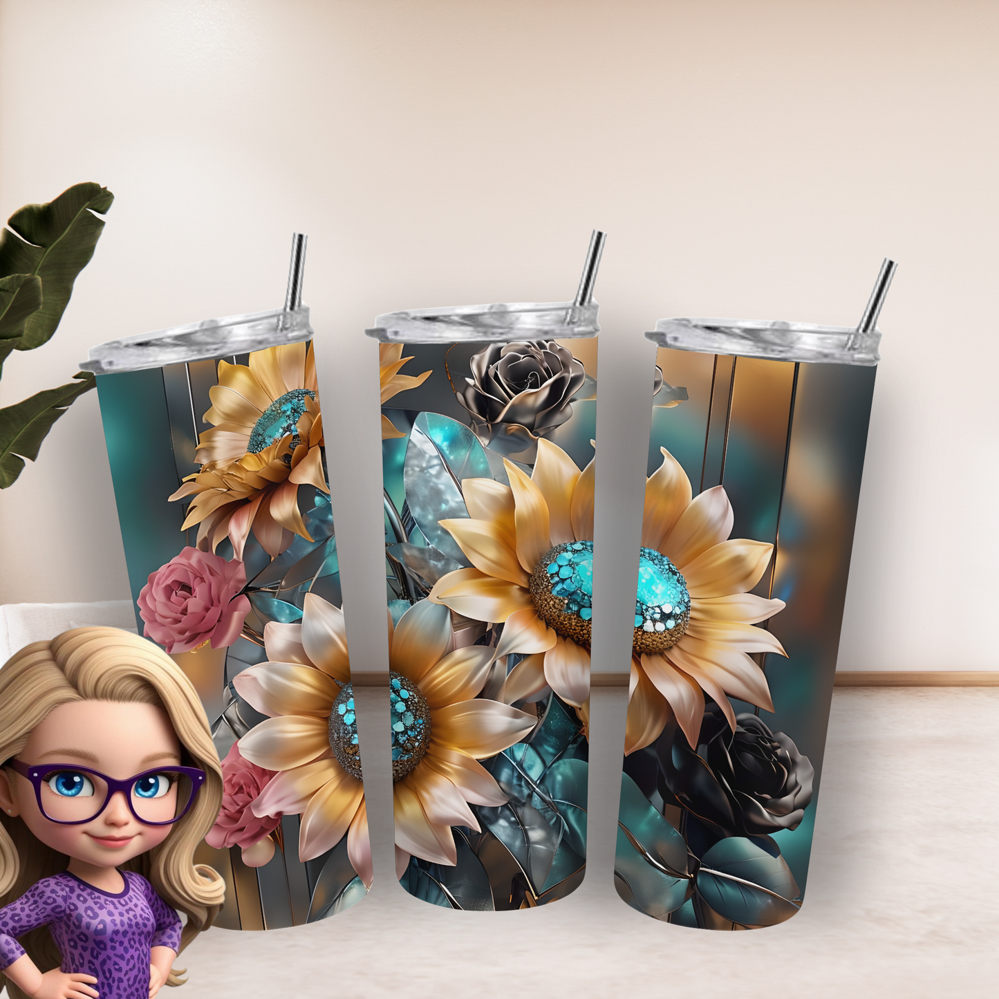 Sunflower & Roses Tumbler Wrap PNG | Floral Bouquet Design for 20oz Skinny Tumblers | Digital Download
