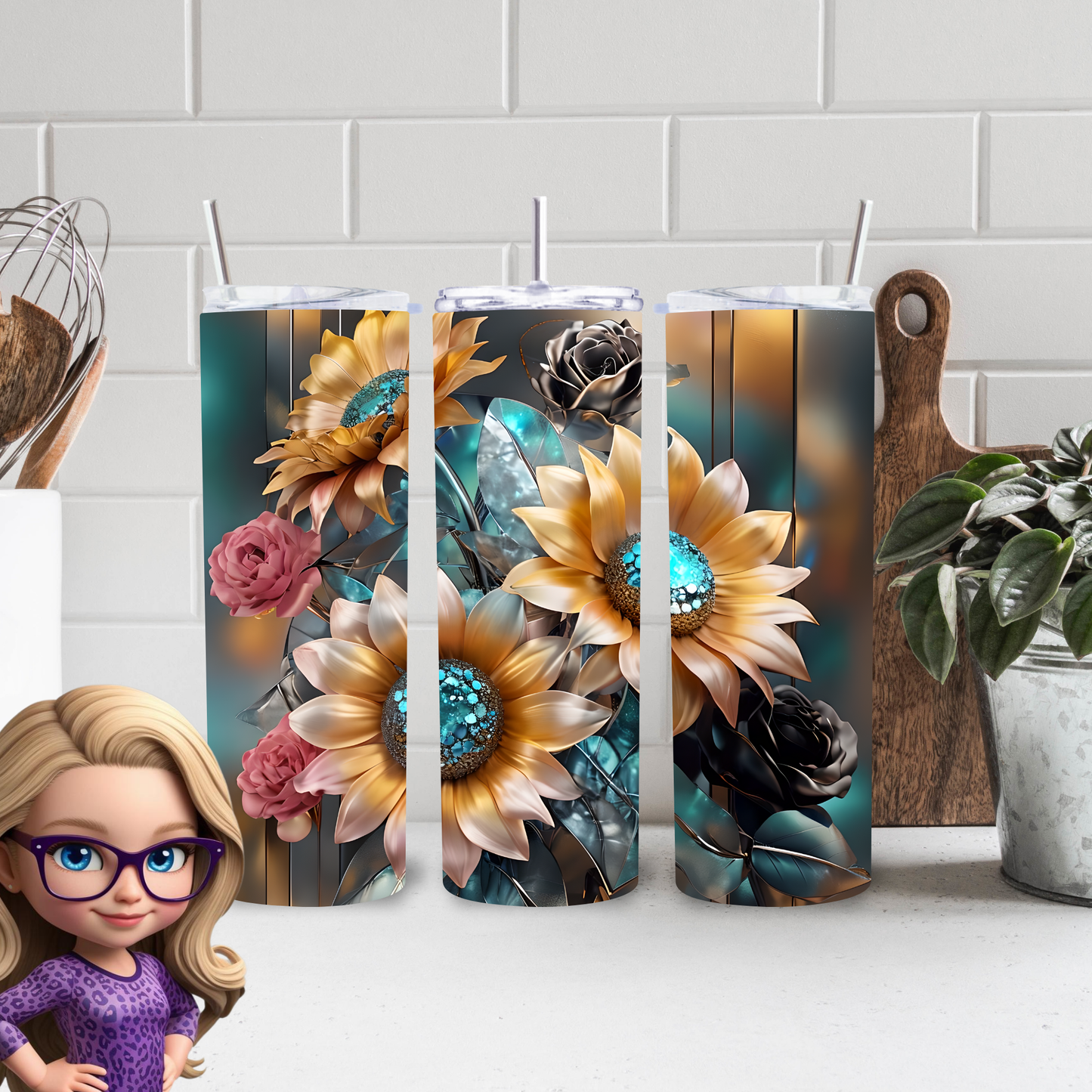 Sunflower & Roses Tumbler Wrap PNG | Floral Bouquet Design for 20oz Skinny Tumblers | Digital Download
