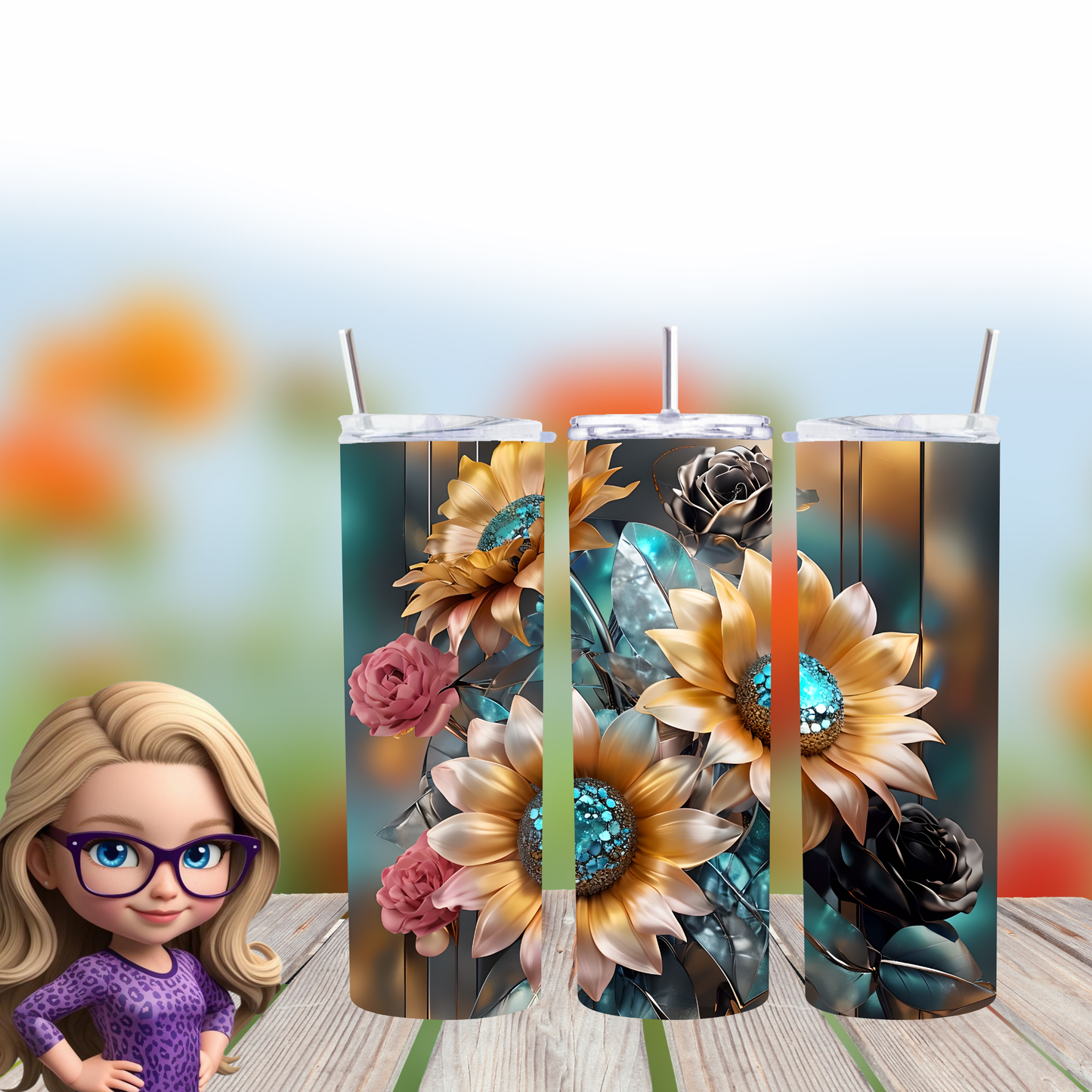 Sunflower & Roses Tumbler Wrap PNG | Floral Bouquet Design for 20oz Skinny Tumblers | Digital Download