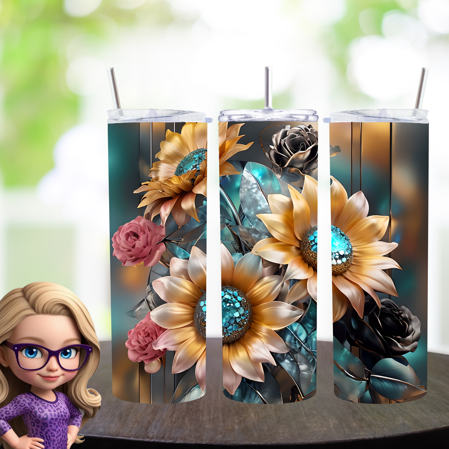 Sunflower & Roses Tumbler Wrap PNG | Floral Bouquet Design for 20oz Skinny Tumblers | Digital Download