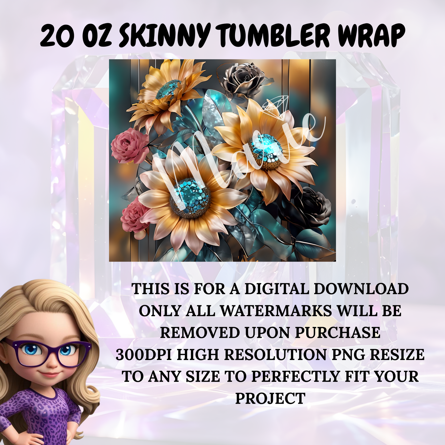 Sunflower & Roses Tumbler Wrap PNG | Floral Bouquet Design for 20oz Skinny Tumblers | Digital Download