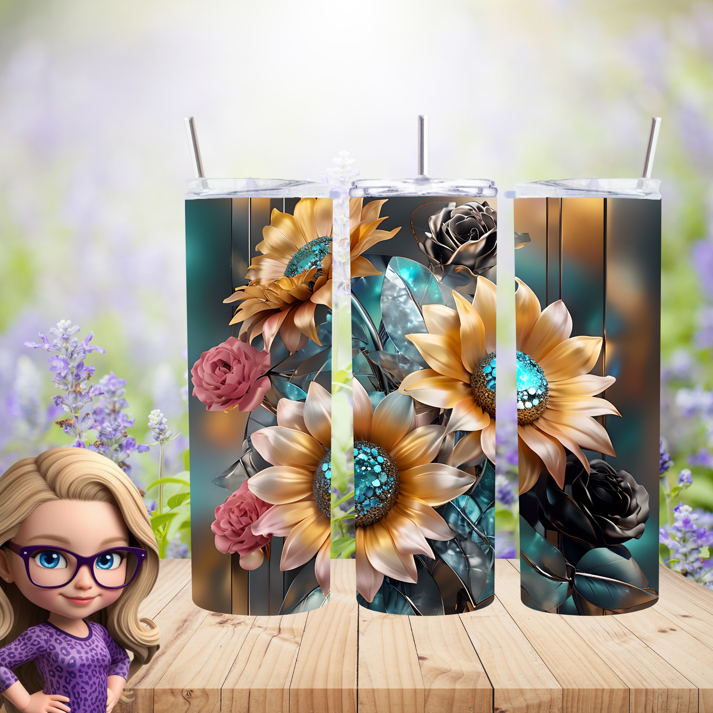 Sunflower & Roses Tumbler Wrap PNG | Floral Bouquet Design for 20oz Skinny Tumblers | Digital Download