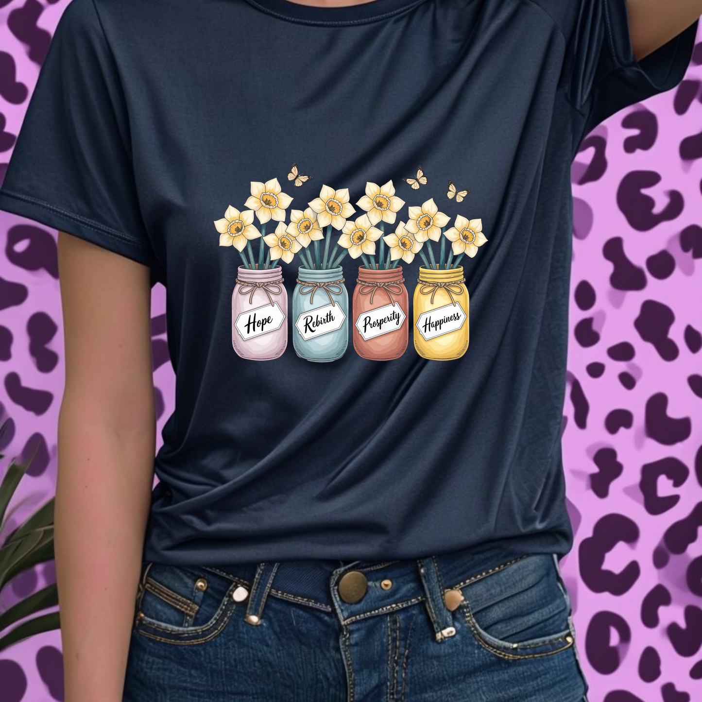 Daffodil Birth Flower Jar Shirt | March Hope Rebirth Prosperity Happiness | Butterfly Floral Tee