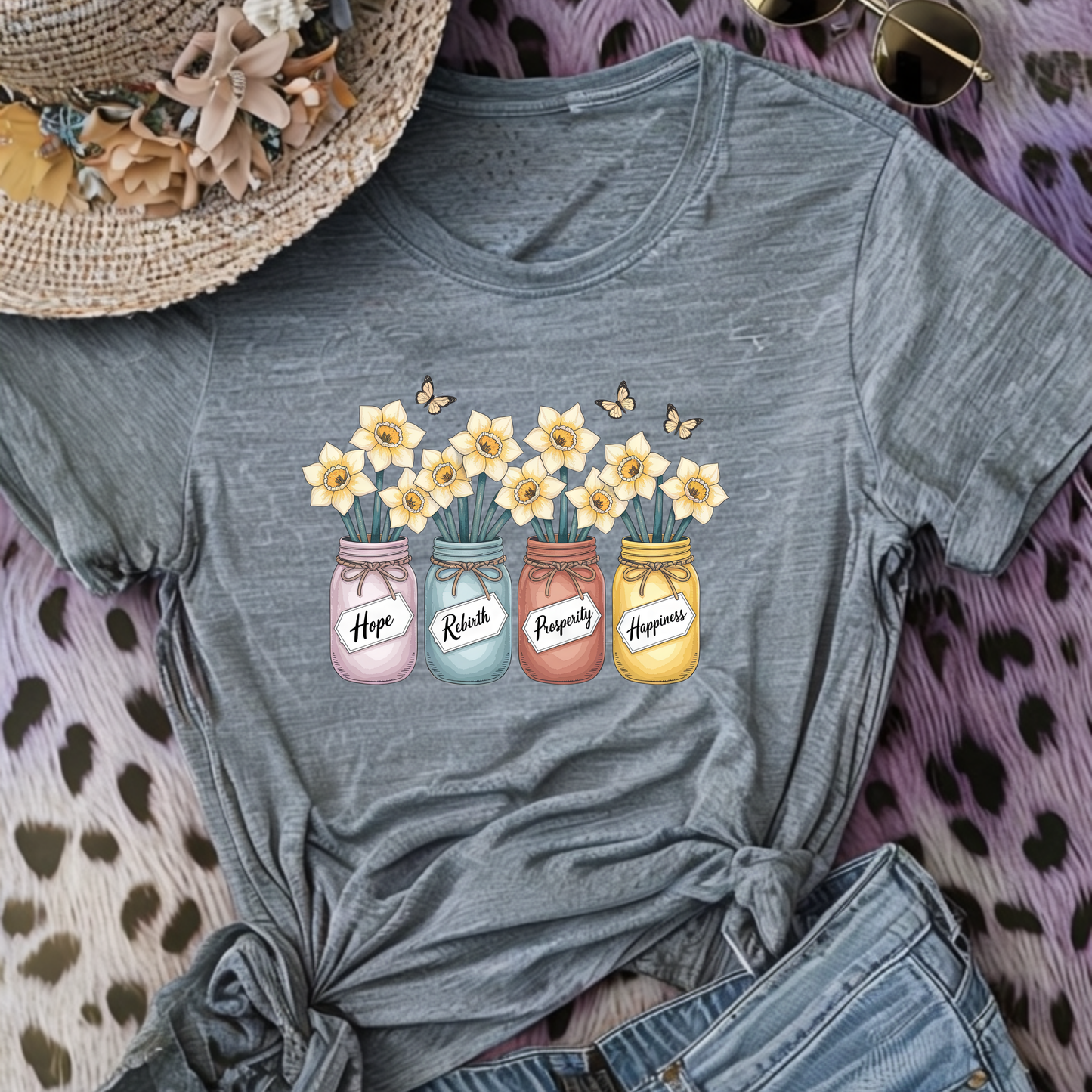 Daffodil Birth Flower Jar Shirt | March Hope Rebirth Prosperity Happiness | Butterfly Floral Tee