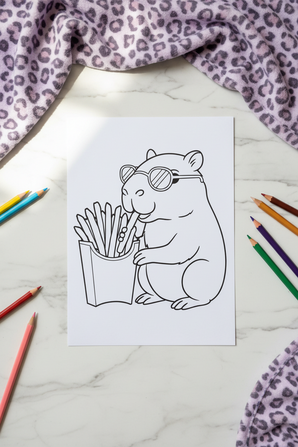 Free Capybara Coloring Page Printable PDF Coloring Pages showing a happy capybara enjoying a snack while wearing stylish sunglasses