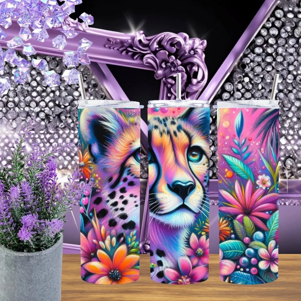 Rainbow Cheetah 20oz Tumbler Neon Animal Print Stainless Steel Cup Leopard Lover Gift For Her Handmade by Marie Gems
