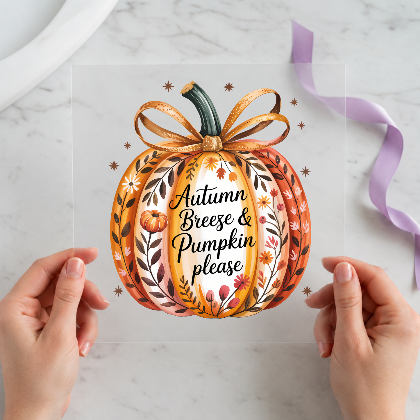 Autumn Breeze Pumpkin Please 12 by 12 ready-to-press DTF heat transfer for a Halloween shirt