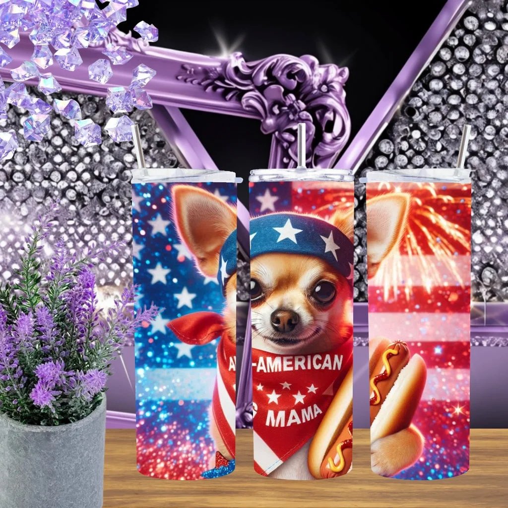 Patriotic Chihuahua 20oz Tumbler All American Dog Mama Stainless Steel Cup Red White And Blue Drinkware Puppy Gift by Marie Gems