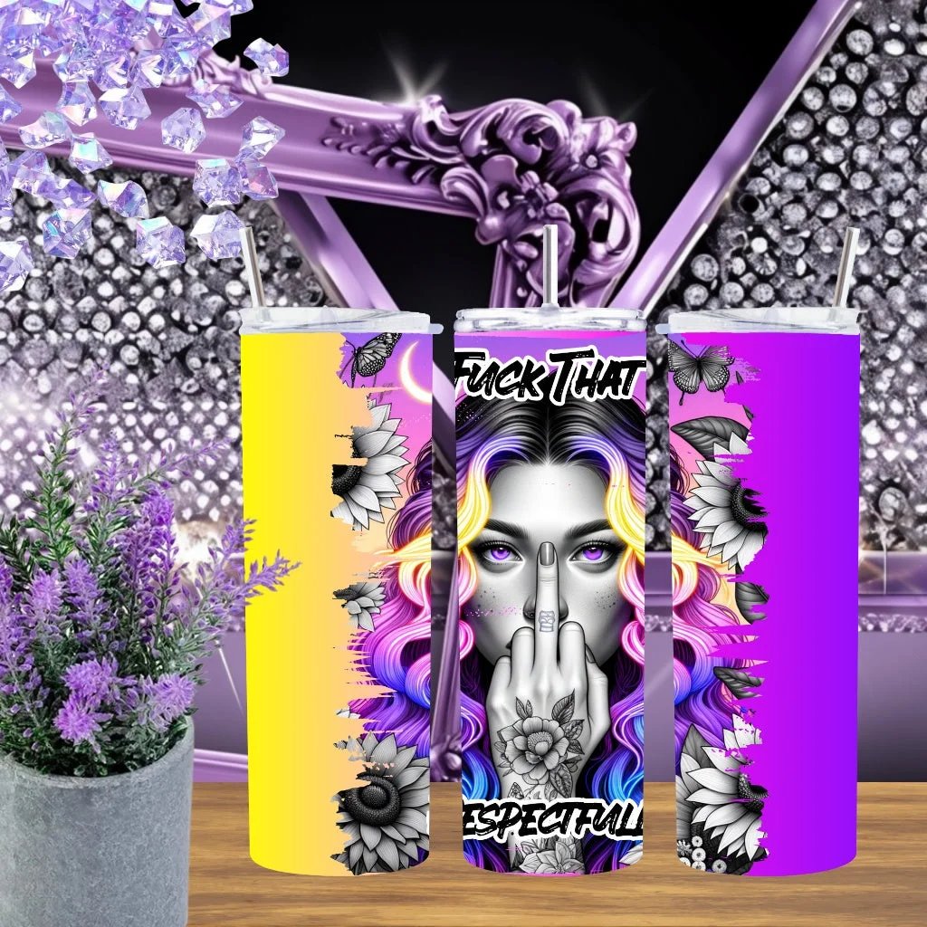 Edgy Sunflower Middle Finger Tumbler 20oz 30oz Sarcastic Cup Tattoo Gift Purple Yellow Floral Stainless Steel Mug by Marie Gems