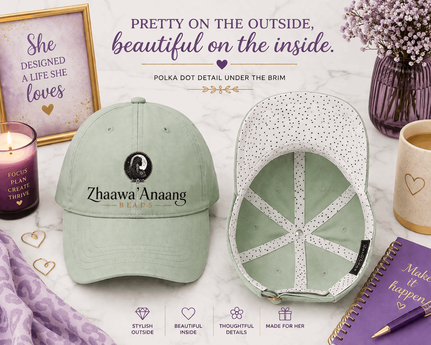 Custom Infinity Her CASSIE Women’s Pigment-Dyed Hat with Polka Dot Undervisor – DTF Printed Logo Cap, Personalized Women’s Boutique Baseball Hat, Custom Business Merch