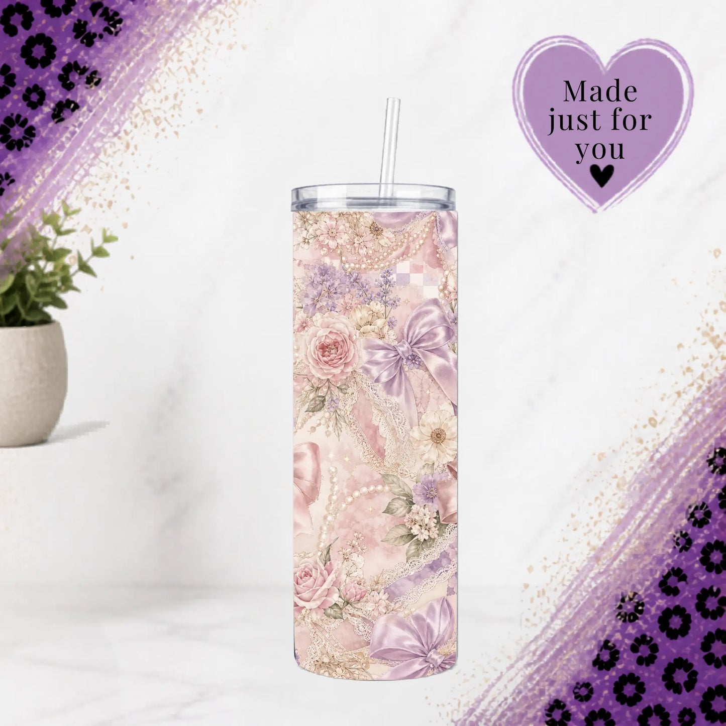 Coquette floral bow 20 oz tumbler with lavender and pink satin bows, pearls, lace and roses